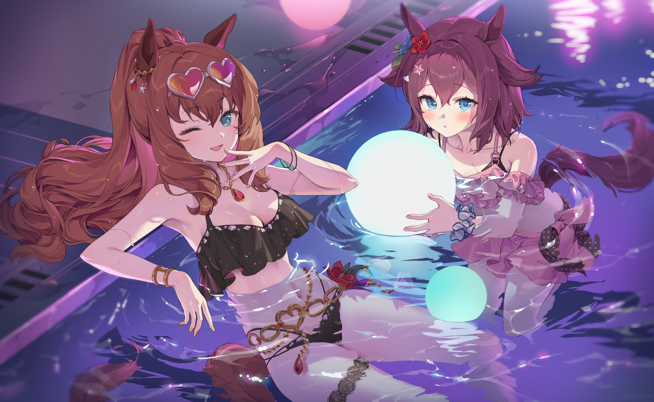 animal_ears bathing bikini garter hajin maruzensky_(umamusume) megane sakura_chiyono_o_(umamusume) swimsuits tail uma_musume_pretty_derby