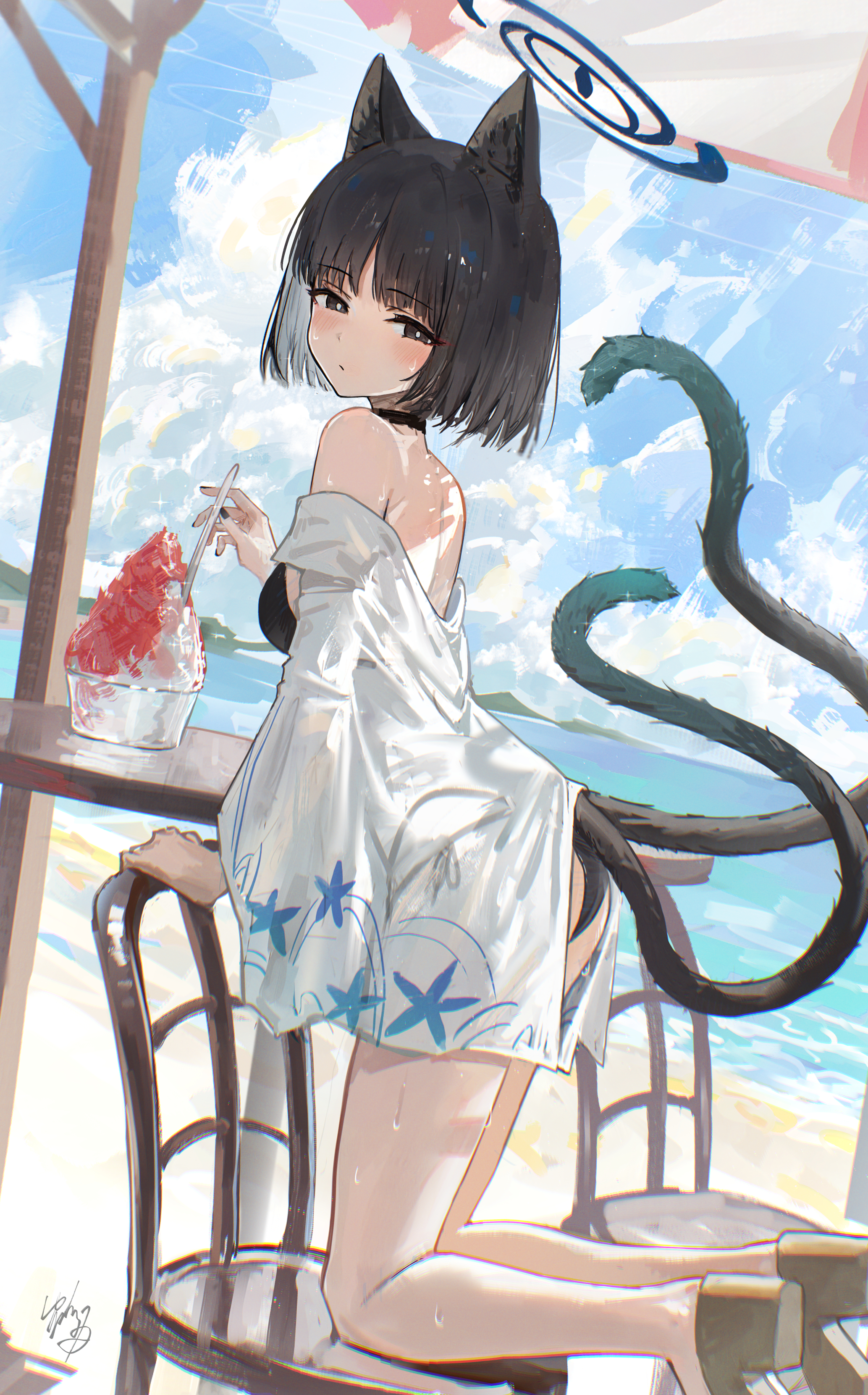animal_ears bikini blue_archive halo hidulume japanese_clothes kiryuu_kikyou nekomimi see_through swimsuits tail wet