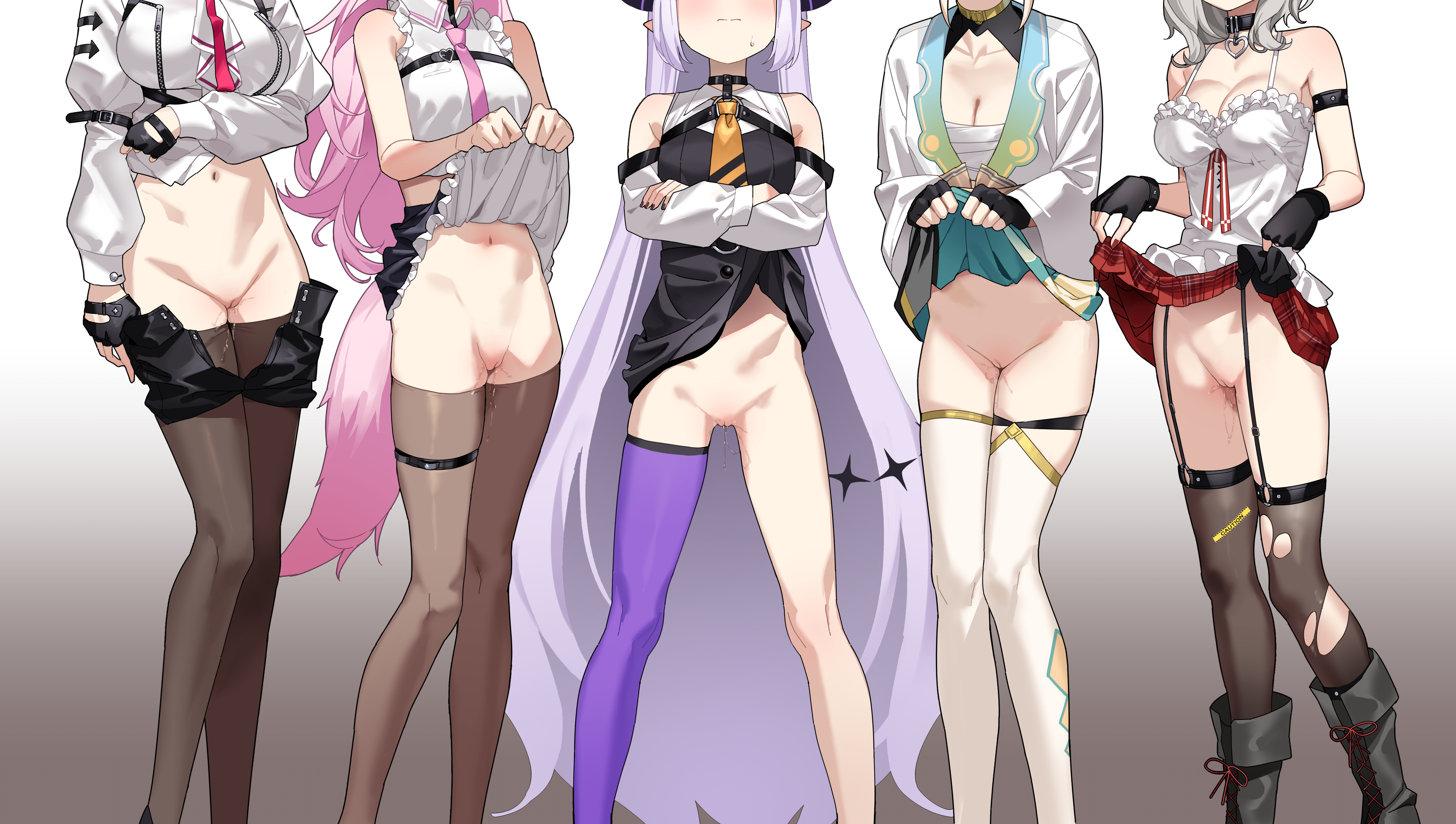 cleavage deletethistag garter hakui_koyori hololive japanese_clothes kazama_iroha kuroi_suna la+_darknesss loli nopan pointy_ears pussy pussy_juice sakamata_chloe sarashi skirt_lift stockings tail takane_lui thighhighs torn_clothes uncensored