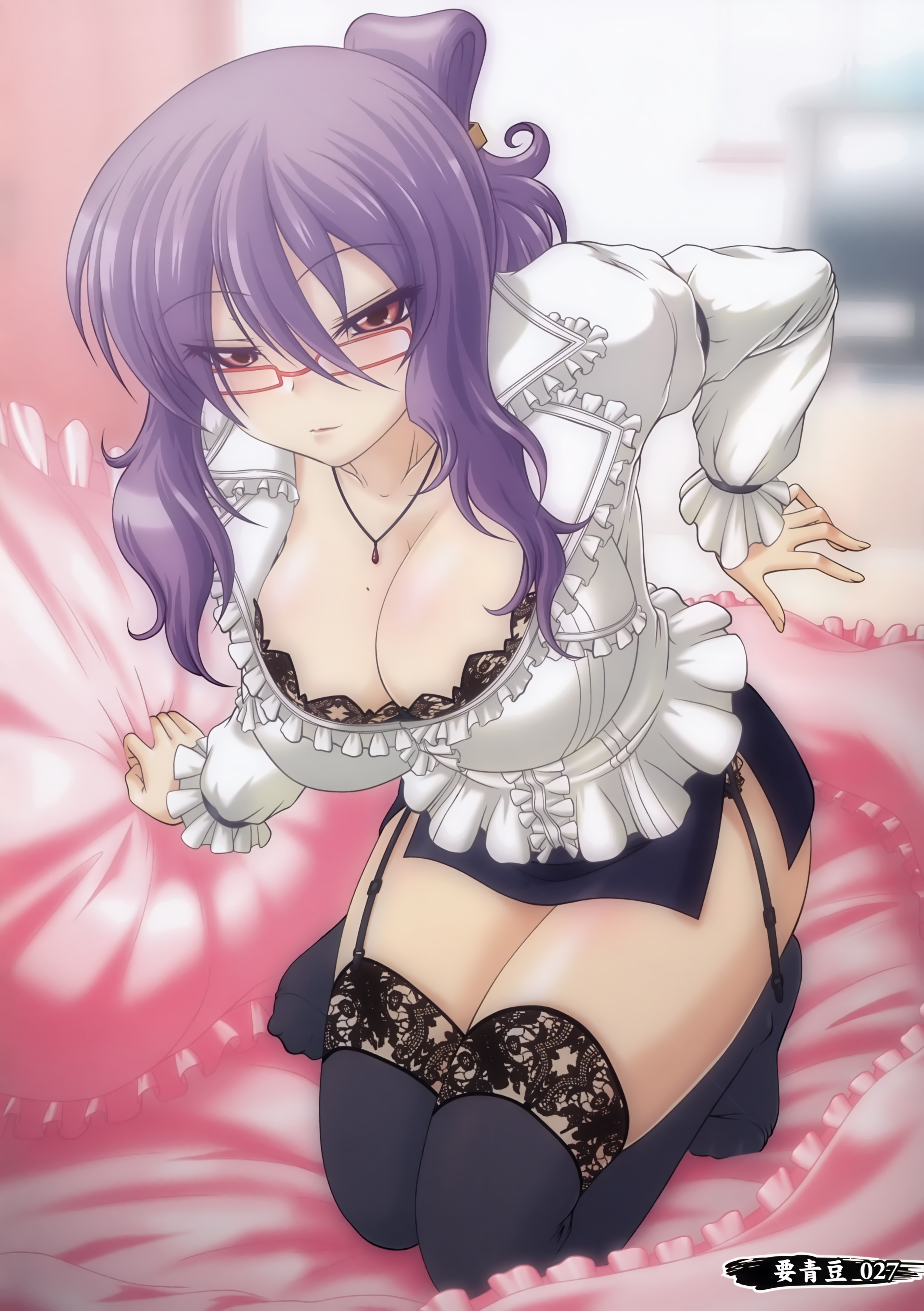 bra kaname_aomame lingerie megane open_shirt screening senran_kagura stockings suzune_(senran_kagura) thighhighs