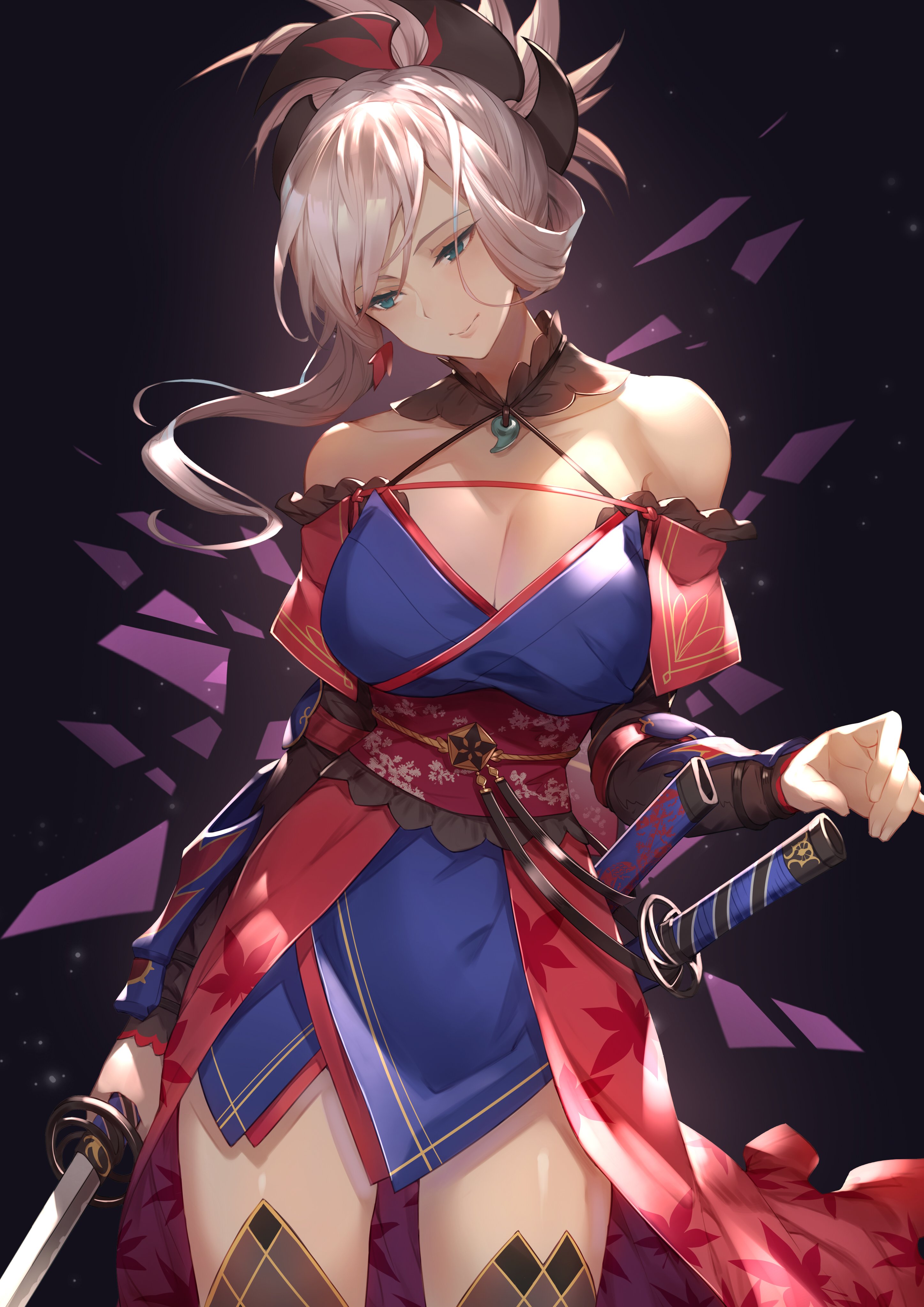 cleavage fate/grand_order japanese_clothes kakage miyamoto_musashi_(fate) sword thighhighs