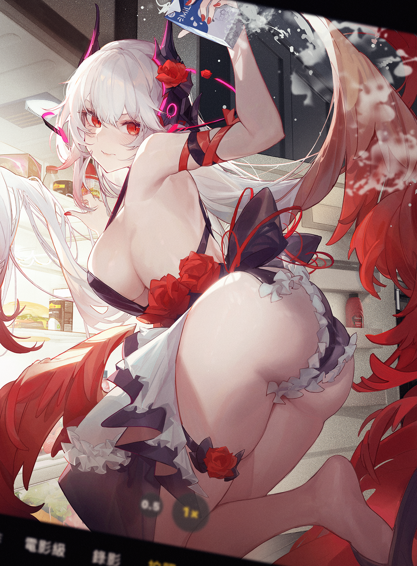 ass garter horns kuroduki_(pieat) no_bra pantsu skirt_lift thong wings