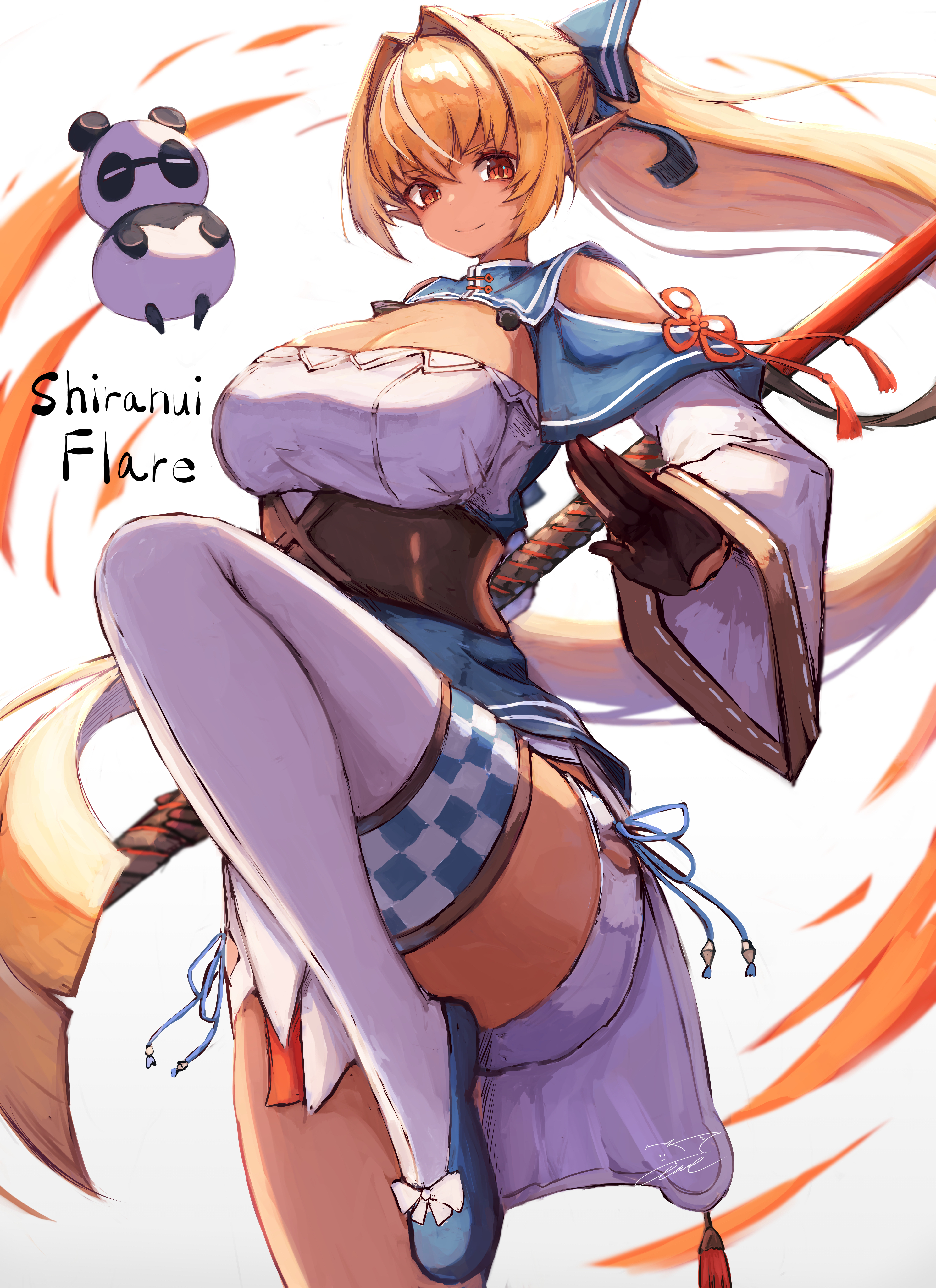 asian_clothes cleavage elf hololive inre_kemomimi kintsuba_(shiranui_flare) pointy_ears shiranui_flare thighhighs weapon