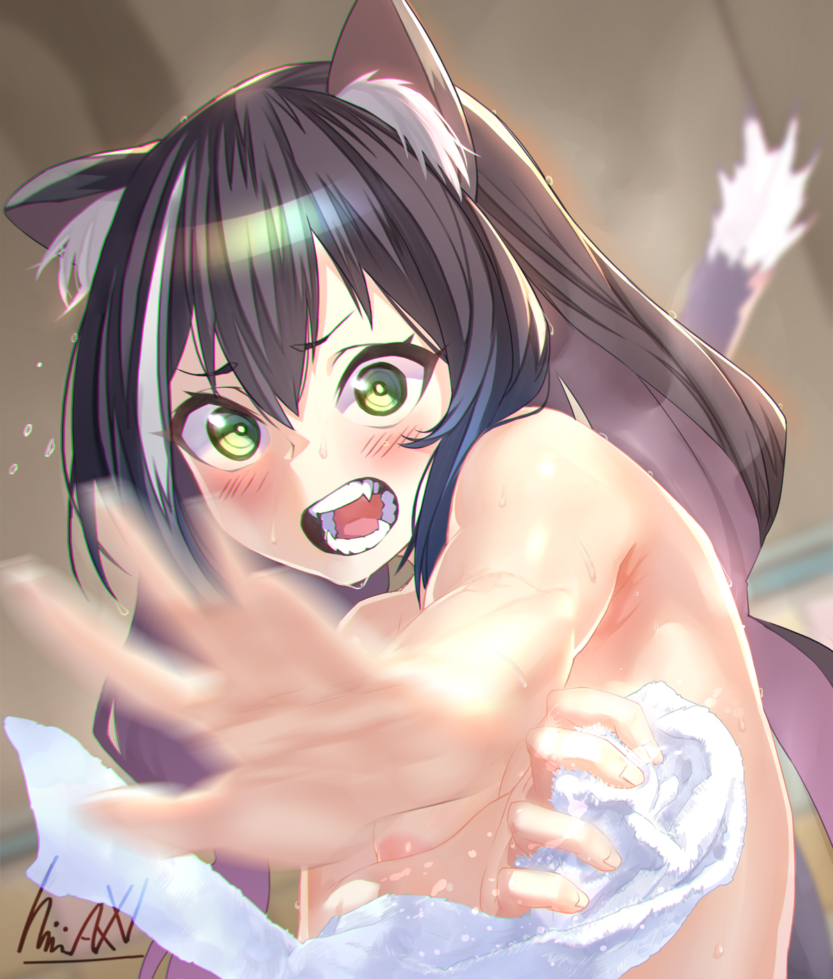 animal_ears areola karyl_(princess_connect) naked nekomimi princess_connect! princess_connect!_re:dive ryu0120 tail towel wet