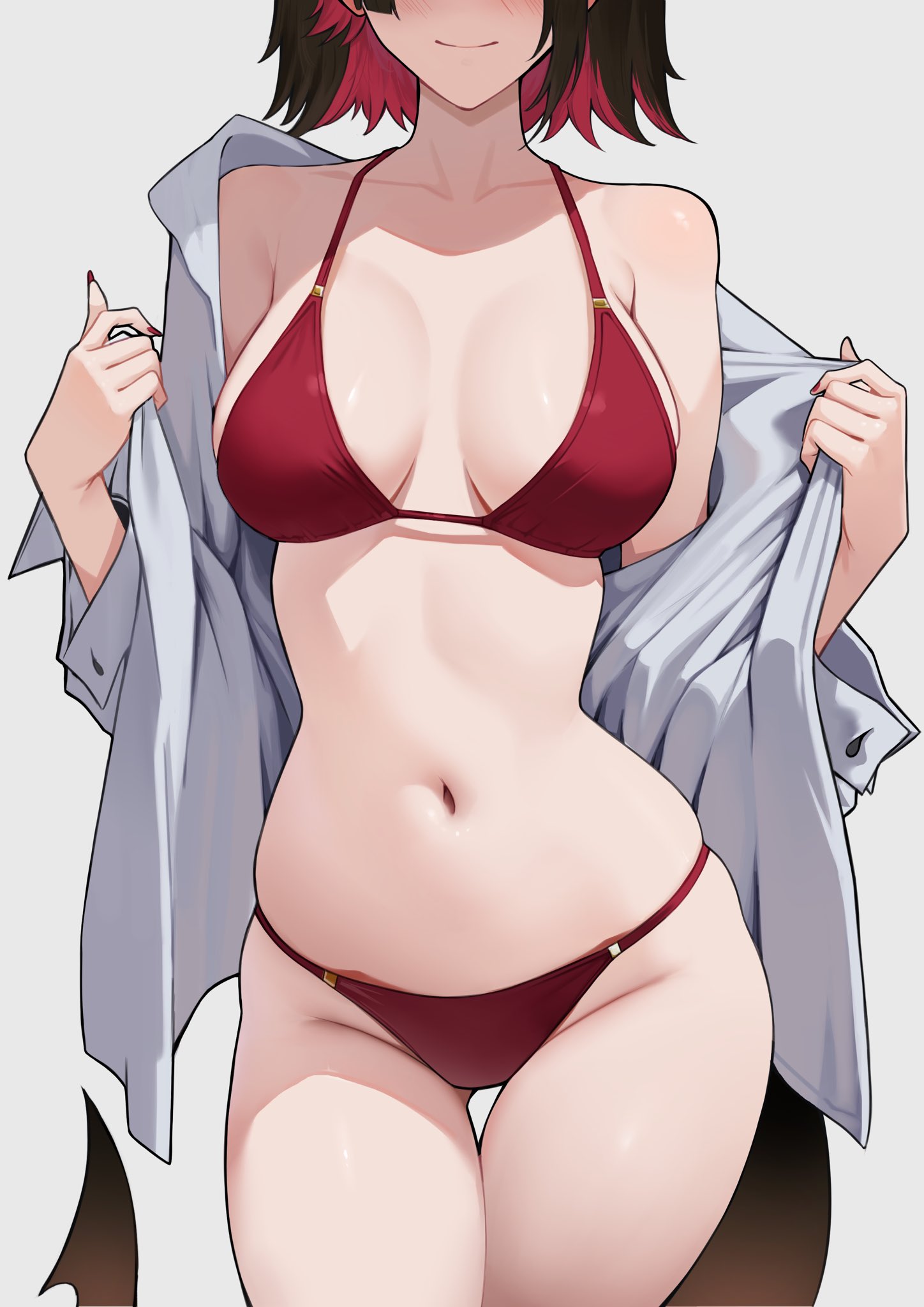 bikini dress_shirt ellen_joe killzdck open_shirt swimsuits tail undressing zenless_zone_zero