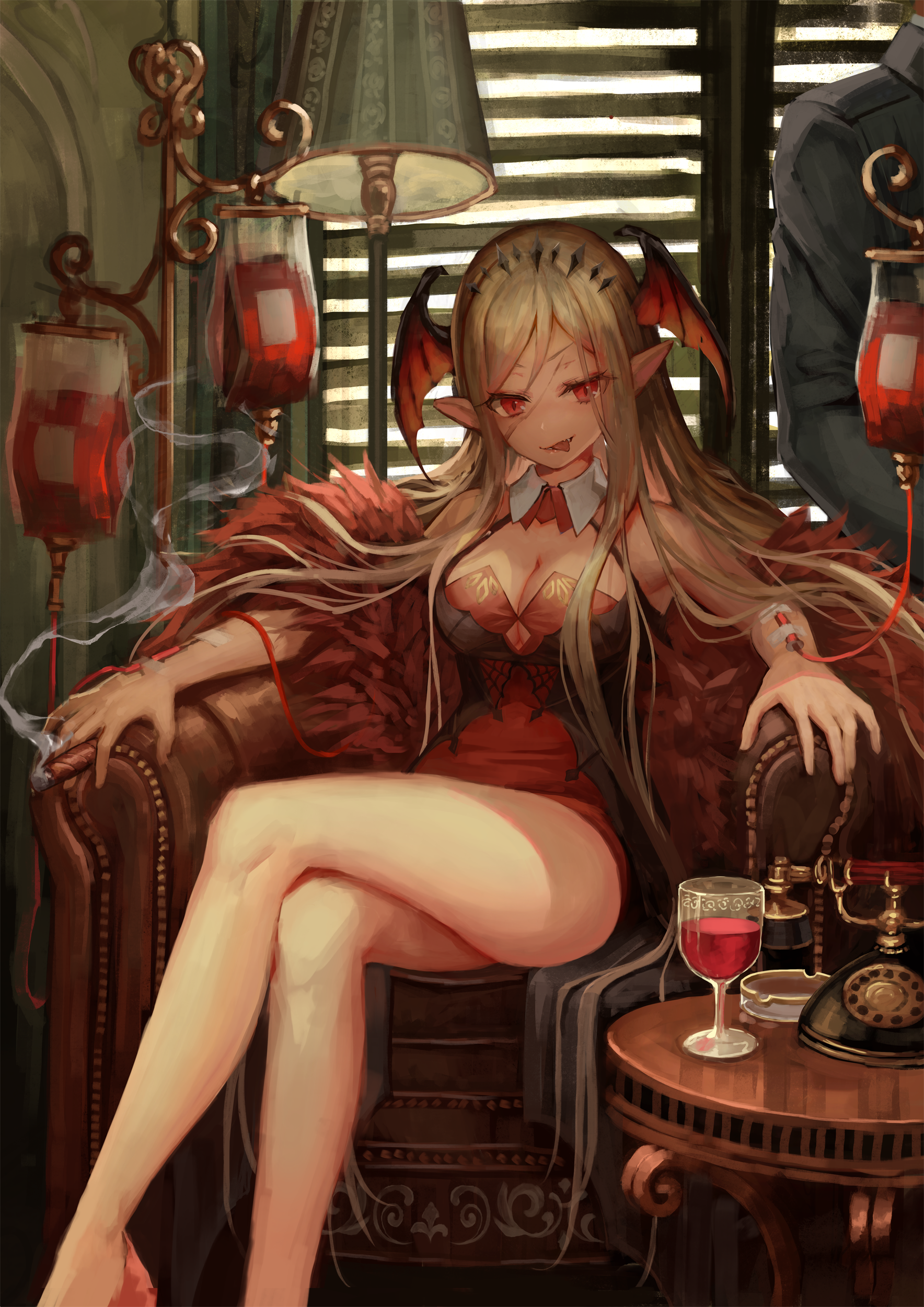 blood cleavage dress ookuma_mai pointy_ears wings