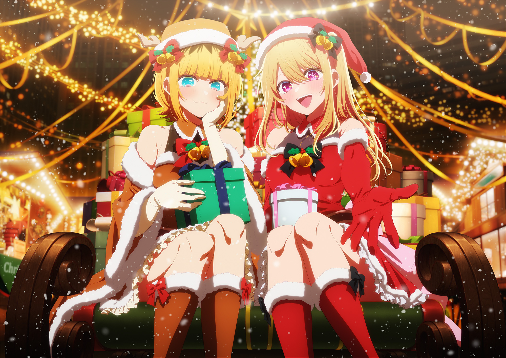 christmas dress hayakawa_asami horns hoshino_ruby mem-cho no_bra oshi_no_ko skirt_lift