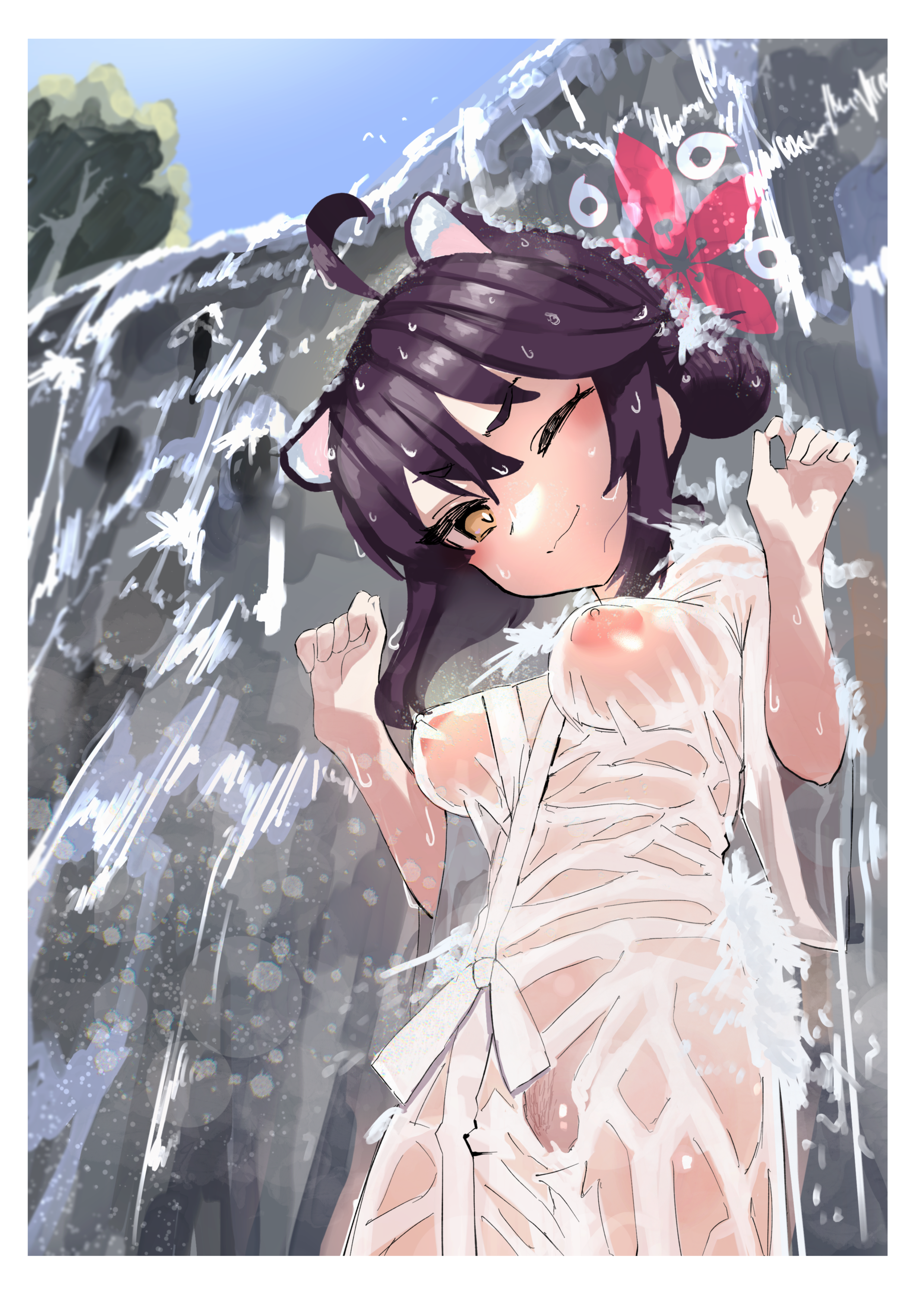 animal_ears blue_archive erory6_(ro) halo isami_kaede nipples no_bra nopan pubic_hair see_through wet wet_clothes yukata