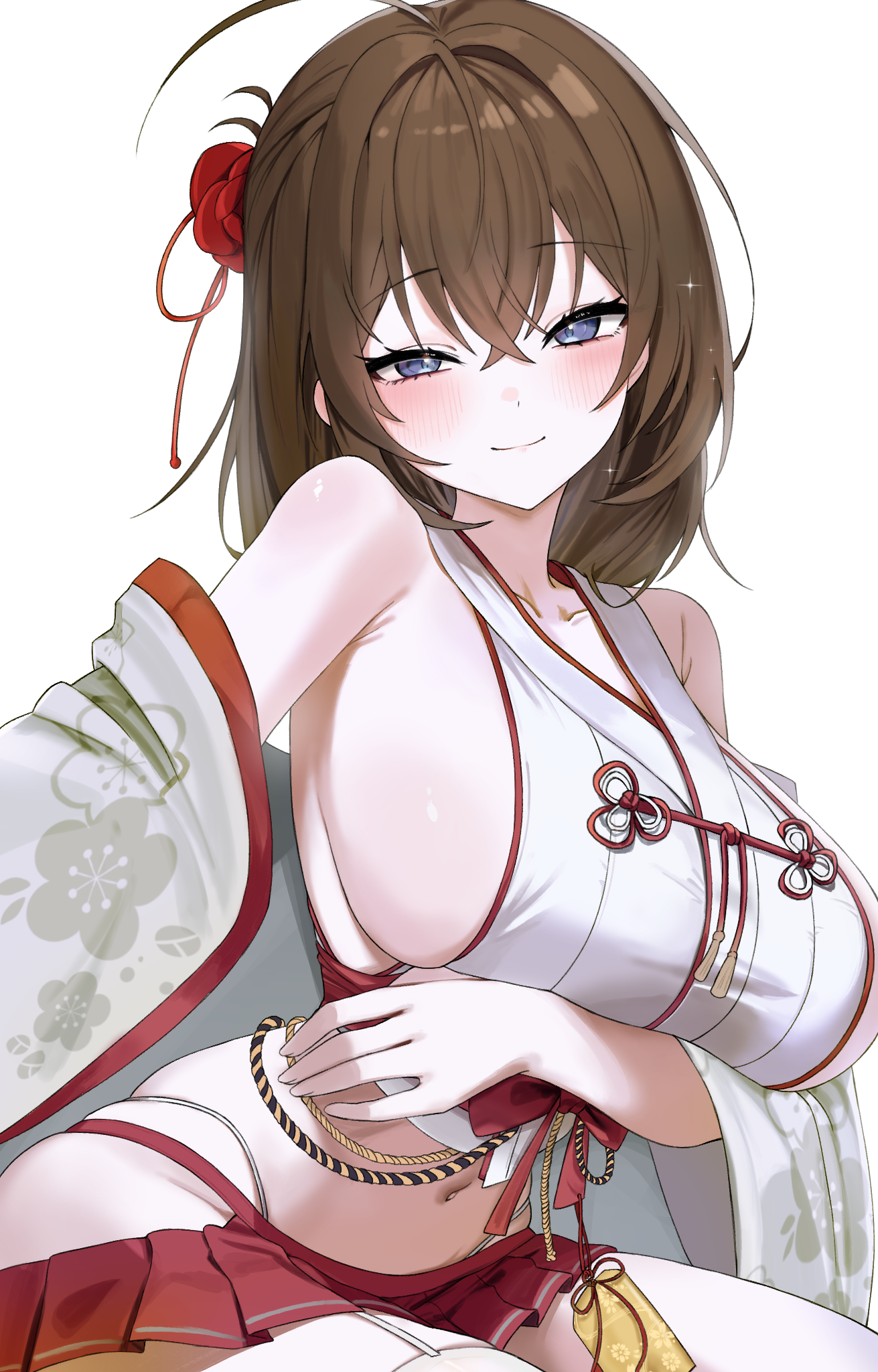breast_hold japanese_clothes no_bra skirt_lift stockings tagme takamiya_keika thighhighs
