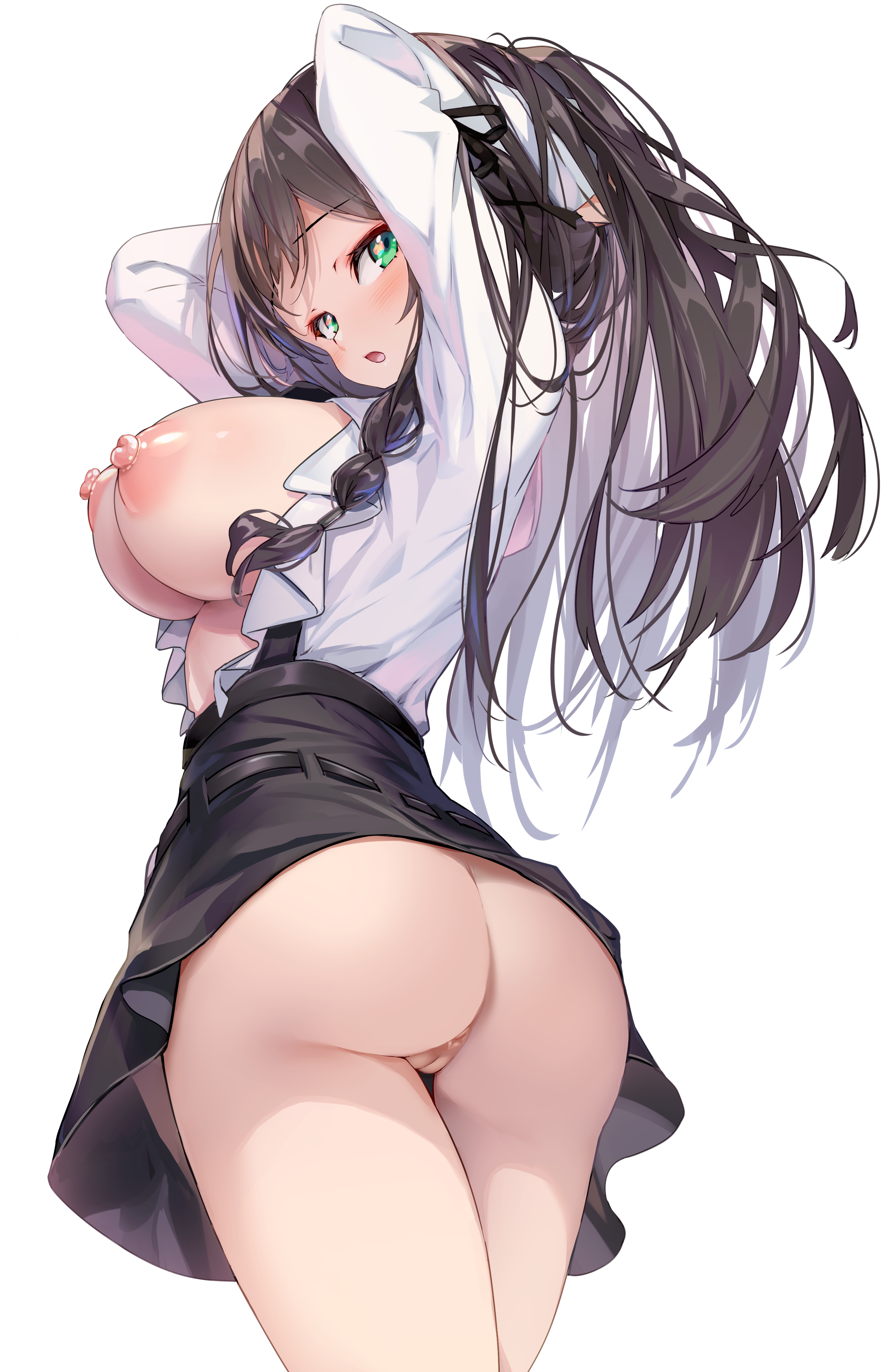 alina_clover anus ass breasts guild_no_uketsukejou_desuga_zangyou_wa_iya_nanode_boss_wo_solo_toubatsu_shiyouto_omoimasu hong_(white_spider) nipples no_bra nopan open_shirt pussy skirt_lift transparent_png uncensored uniform