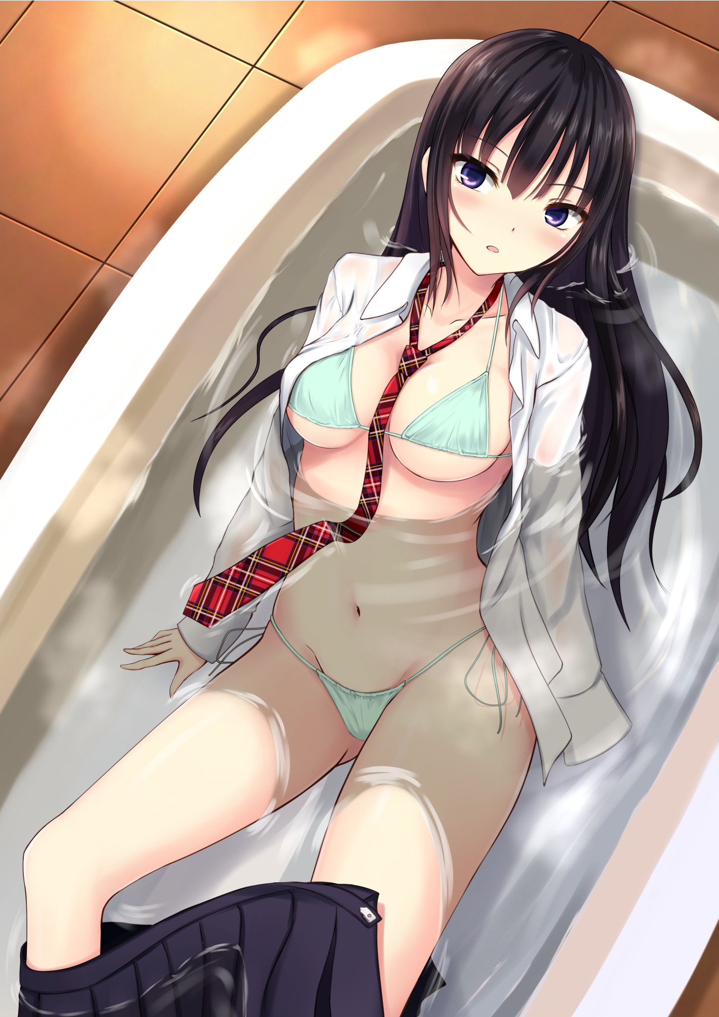 bathing bikini kurokamin kurono_mika open_shirt see_through seifuku swimsuits wet wet_clothes