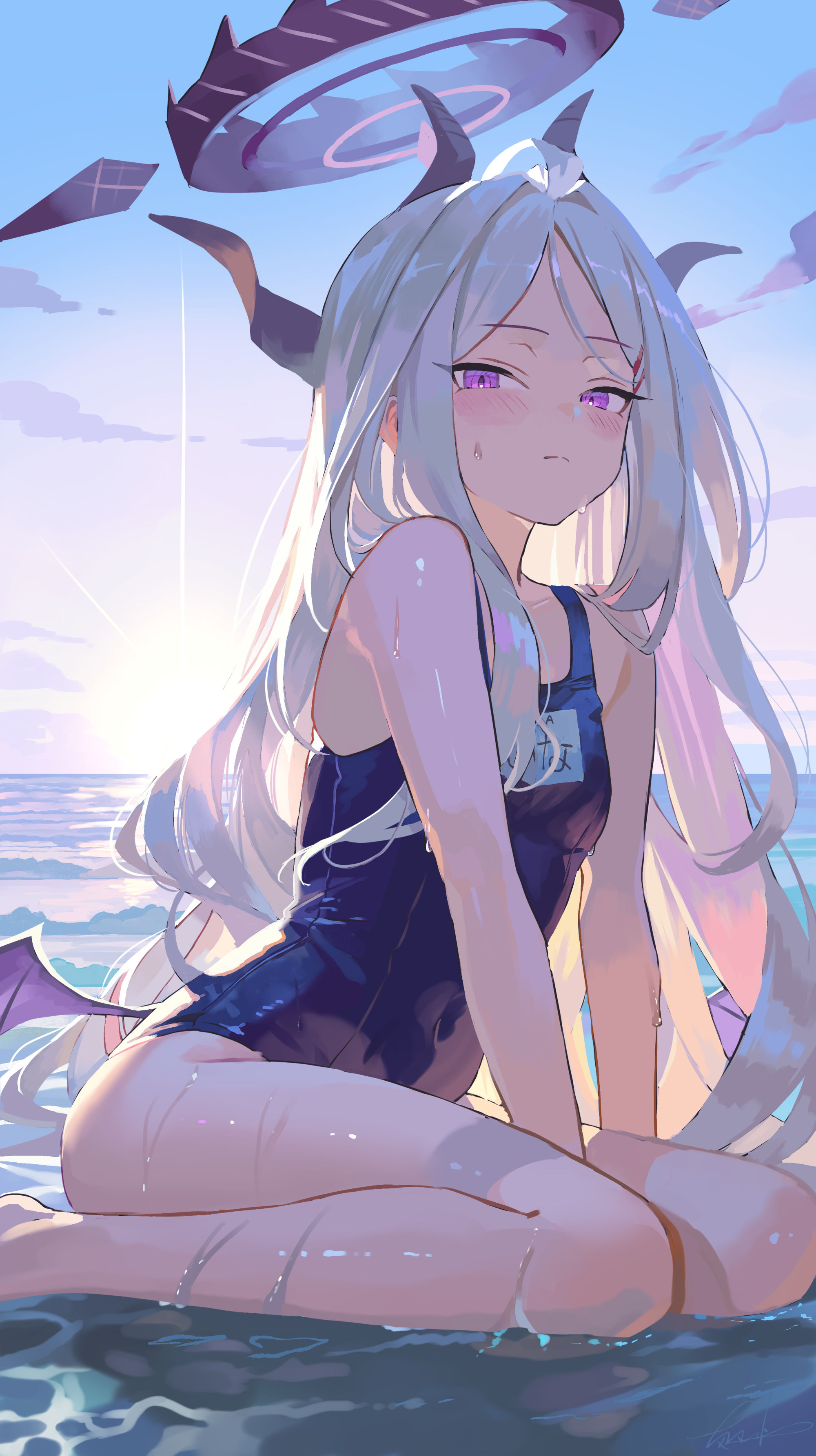 blue_archive devil halo horns school_swimsuit sorasaki_hina swimsuits wet wings yumeno_yume