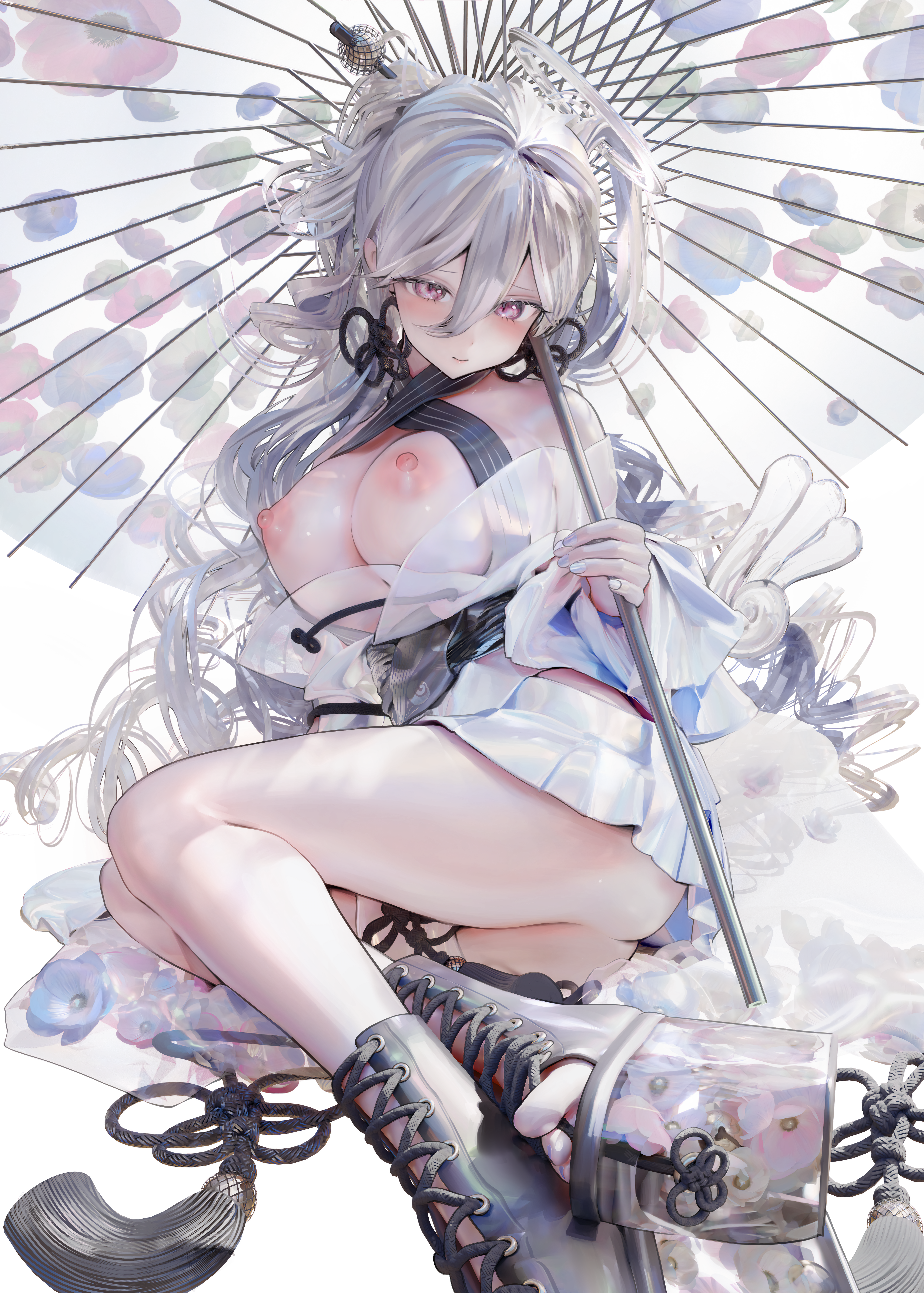 angel breasts iijima_masashi japanese_clothes nipples no_bra nopan open_shirt see_through skirt_lift umbrella wings