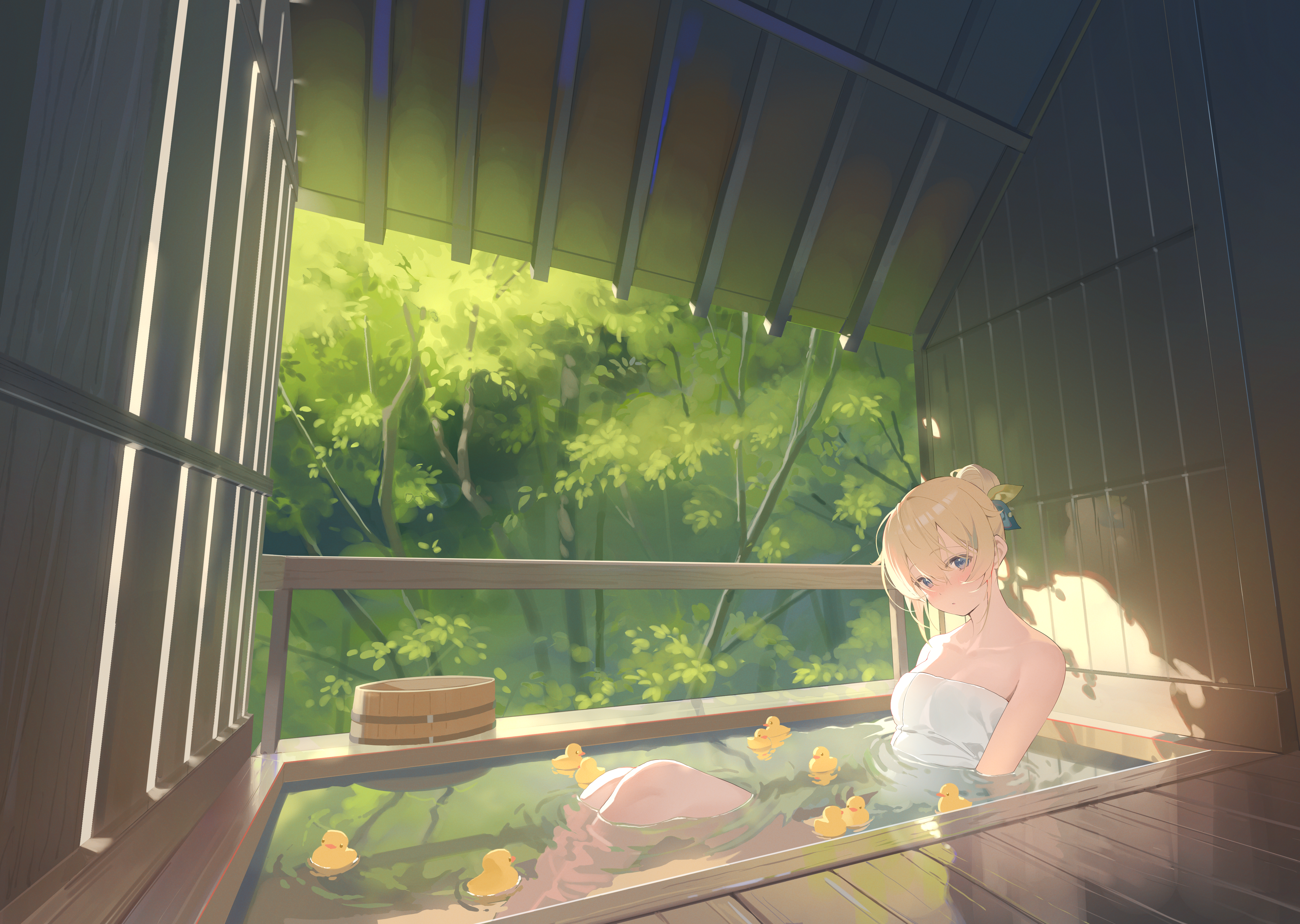 bathing hana_mori hololive kazama_iroha onsen towel wet