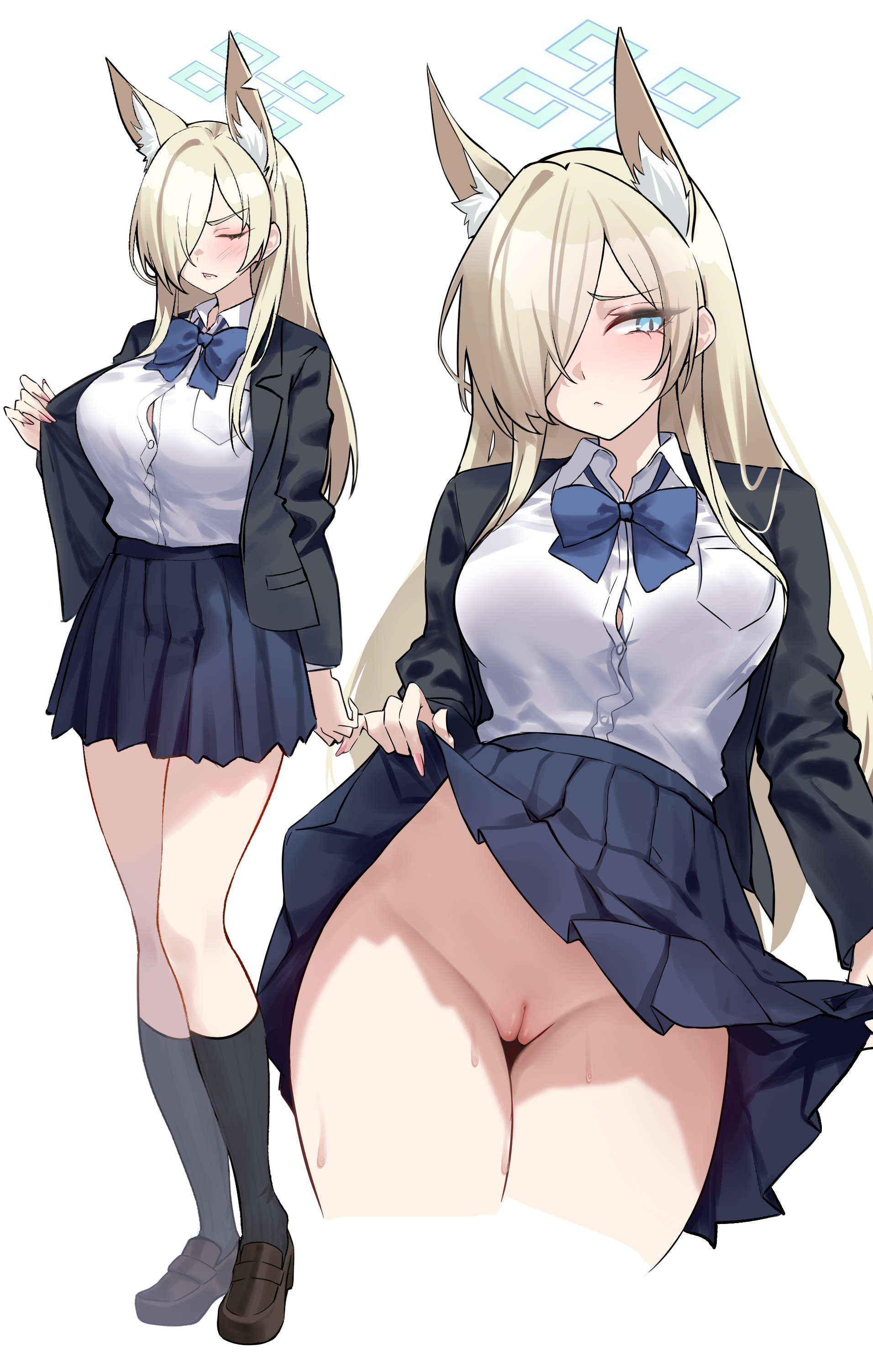 animal_ears blue_archive halo nopan ogata_kanna_(blue_archive) pussy seifuku shigure skirt_lift uncensored