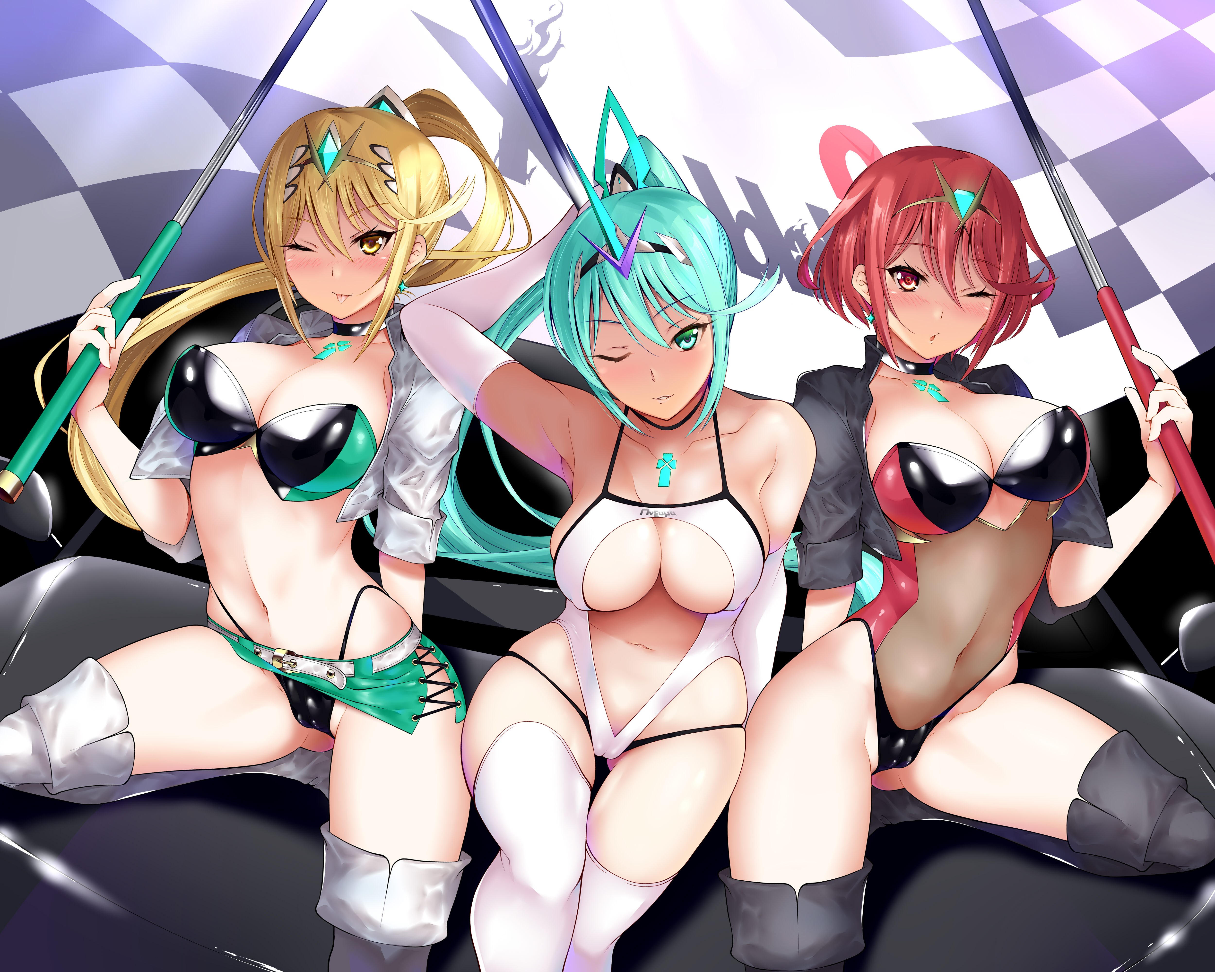 bra cameltoe daive hikari_(xenoblade_2) homura_(xenoblade_2) leotard no_bra open_shirt pantsu pneuma_(xenoblade_2) see_through skirt_lift thighhighs xenoblade_(series) xenoblade_2