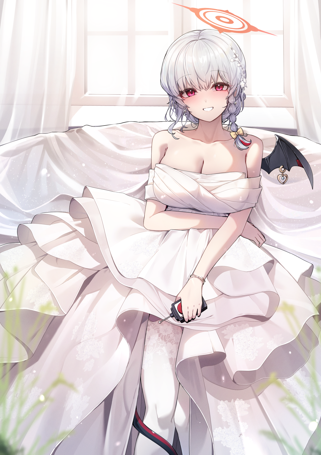 blue_archive ddangbi dress halo kurodate_haruna no_bra tail thighhighs wings
