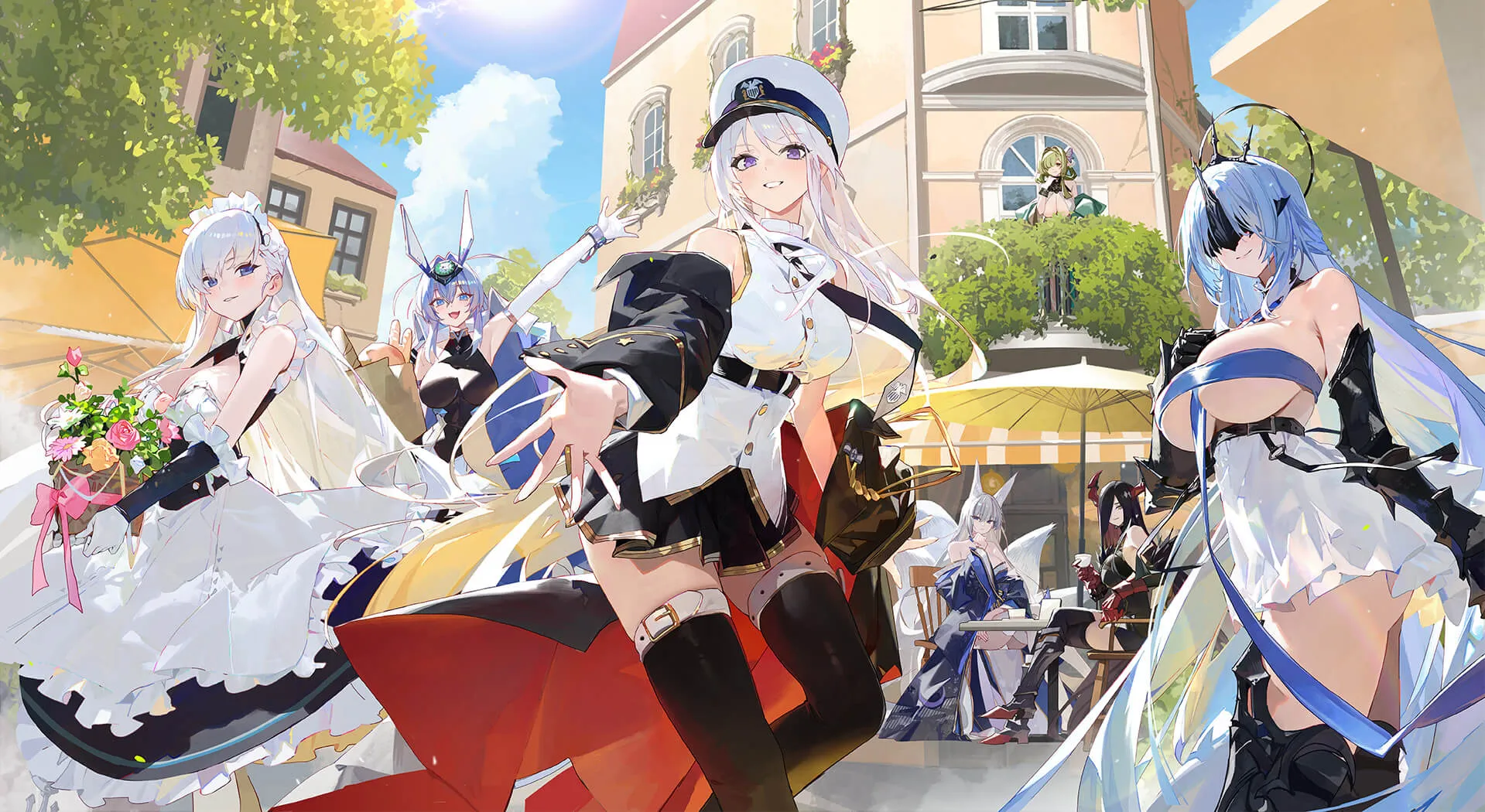 alsace_(azur_lane) animal_ears armor azur_lane belfast_(azur_lane) bunny_ears de_zeven_provincien_(azur_lane) dress enterprise_(azur_lane) friedrich_der_grosse_(azur_lane) garter heels horns japanese_clothes kitsune maid new_jersey_(azur_lane) no_bra open_shirt pointy_ears shinano_(azur_lane) skirt_lift tagme tail thighhighs uniform