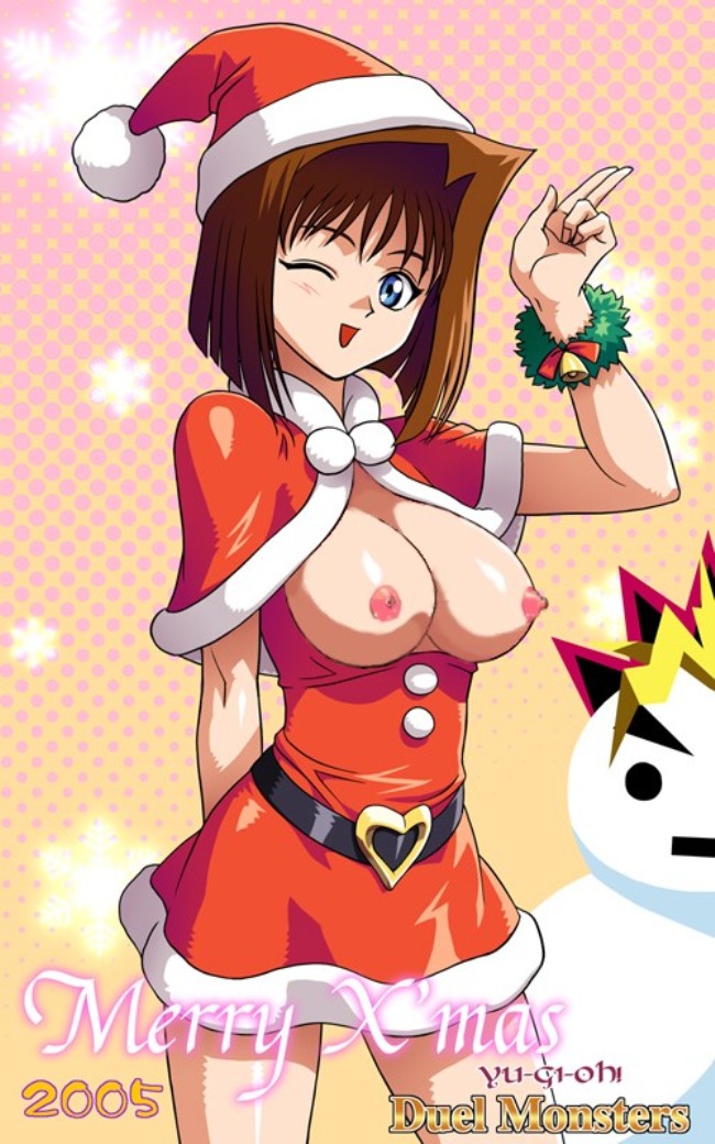 breasts christmas dress mazaki_anzu mutou_yuugi nipples open_shirt yugioh