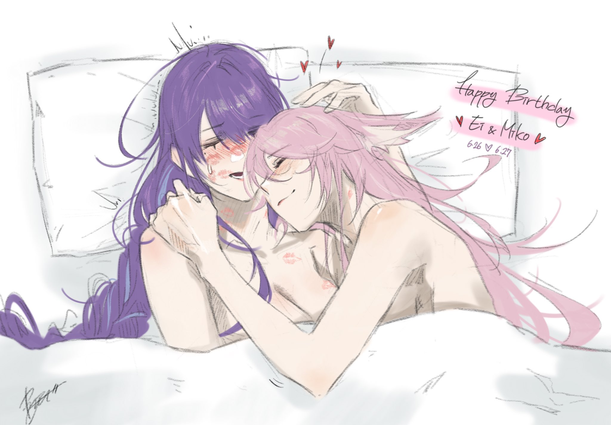 choryu_ofteyvat genshin_impact no_bra raiden_shogun sheets sketch yae_miko yuri