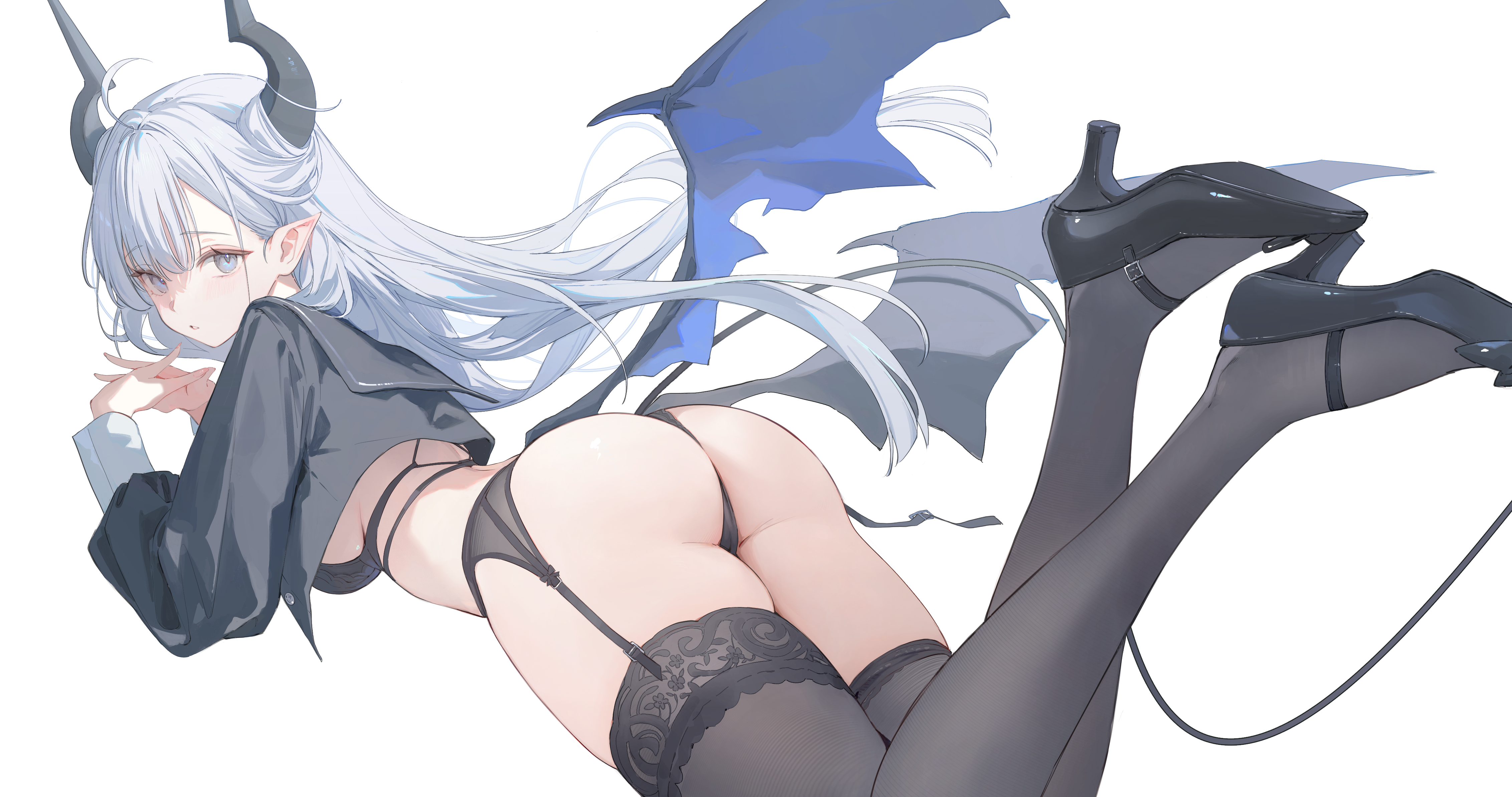 ass bra garter_belt heels horns nekojira pantsu pointy_ears stockings tail thea_(nekojira) thighhighs thong wings