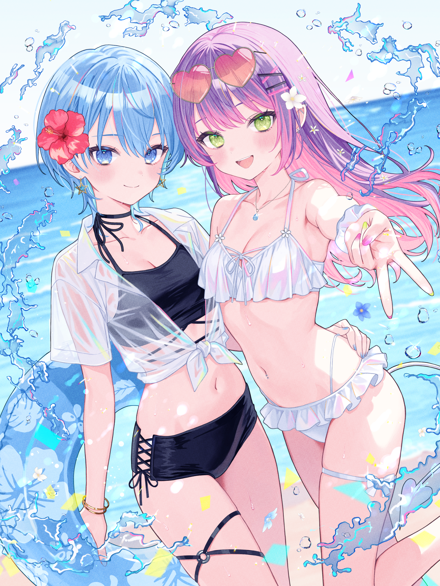 bikini dress_shirt garter hololive hoshimachi_suisei megane open_shirt see_through swimsuits tail tokoyami_towa yuzuriha_(nx_e78)