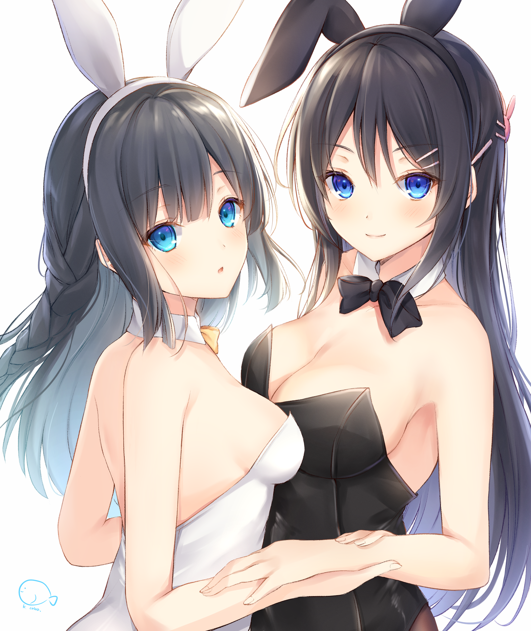 animal_ears bunny_ears bunny_girl cleavage kiri_serea makinohara_shouko no_bra pantyhose sakurajima_mai seishun_buta_yarou symmetrical_docking