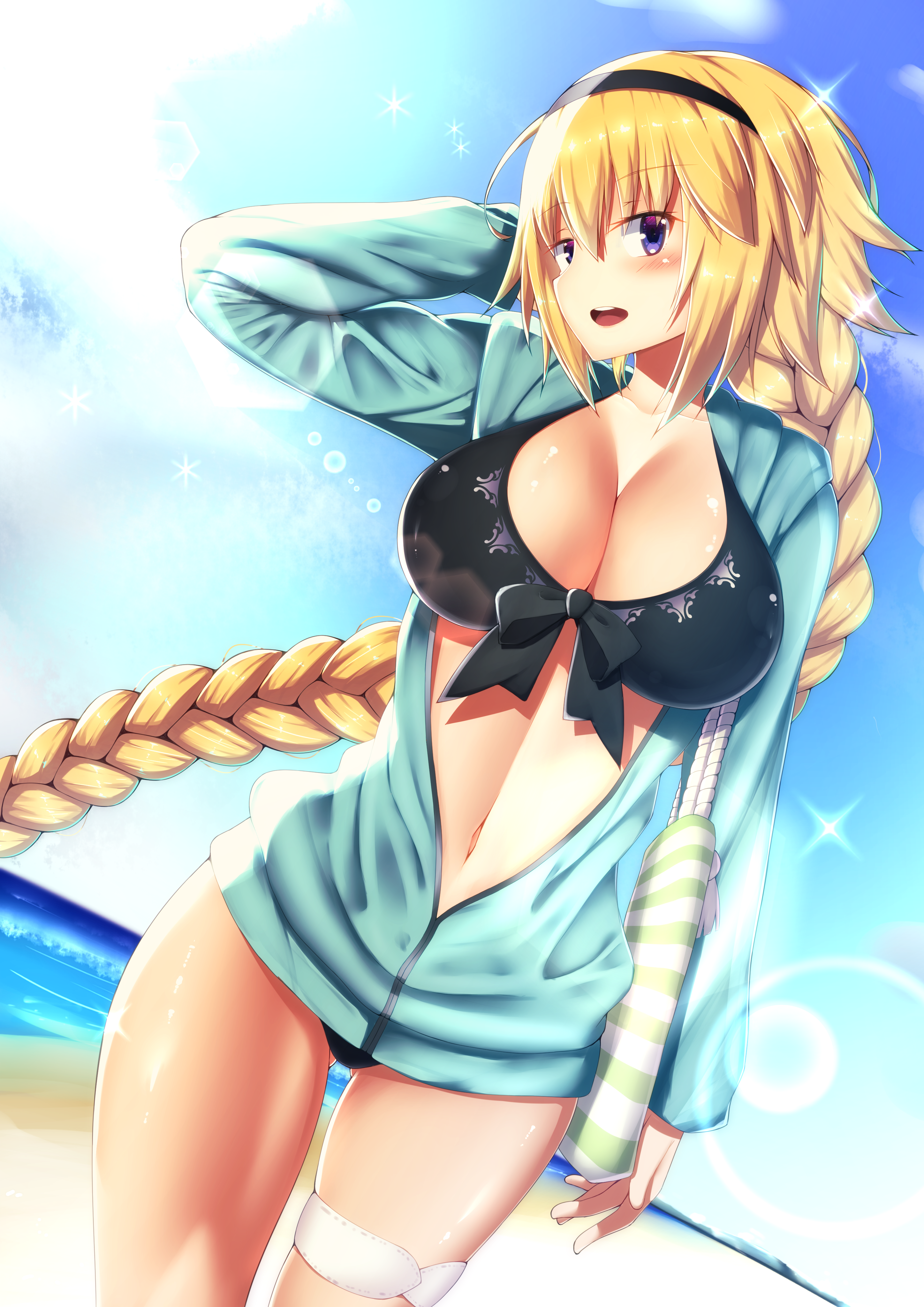 bikini cleavage fate/grand_order garter jeanne_d'arc jeanne_d'arc_(fate) kawaruhi open_shirt swimsuits