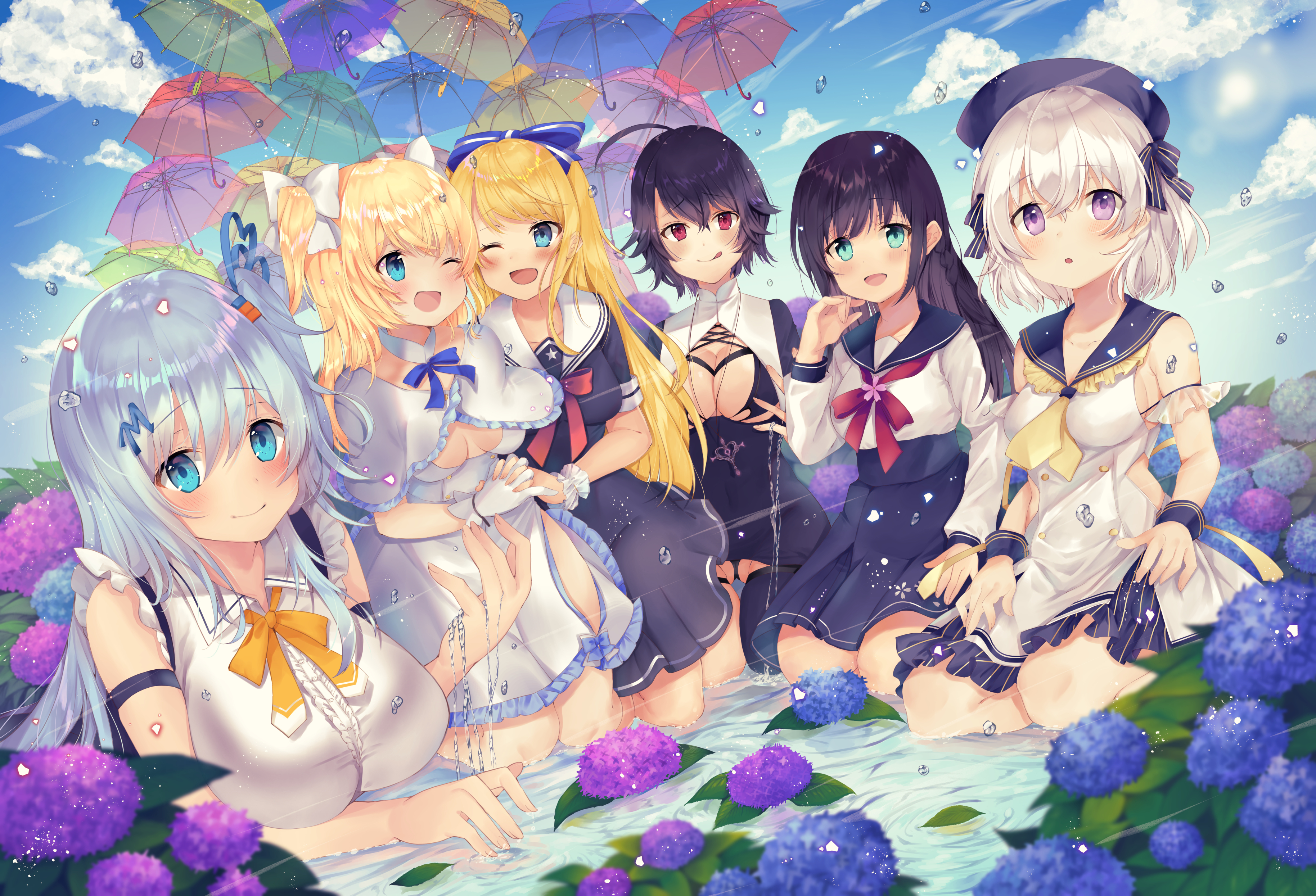 bra cleavage ekouji_ruri emori_miku emori_miku_project emu_alice ezuki_luna mitsuya_nier no_bra sakamiya_tsuto seifuku umbrella wet yuri