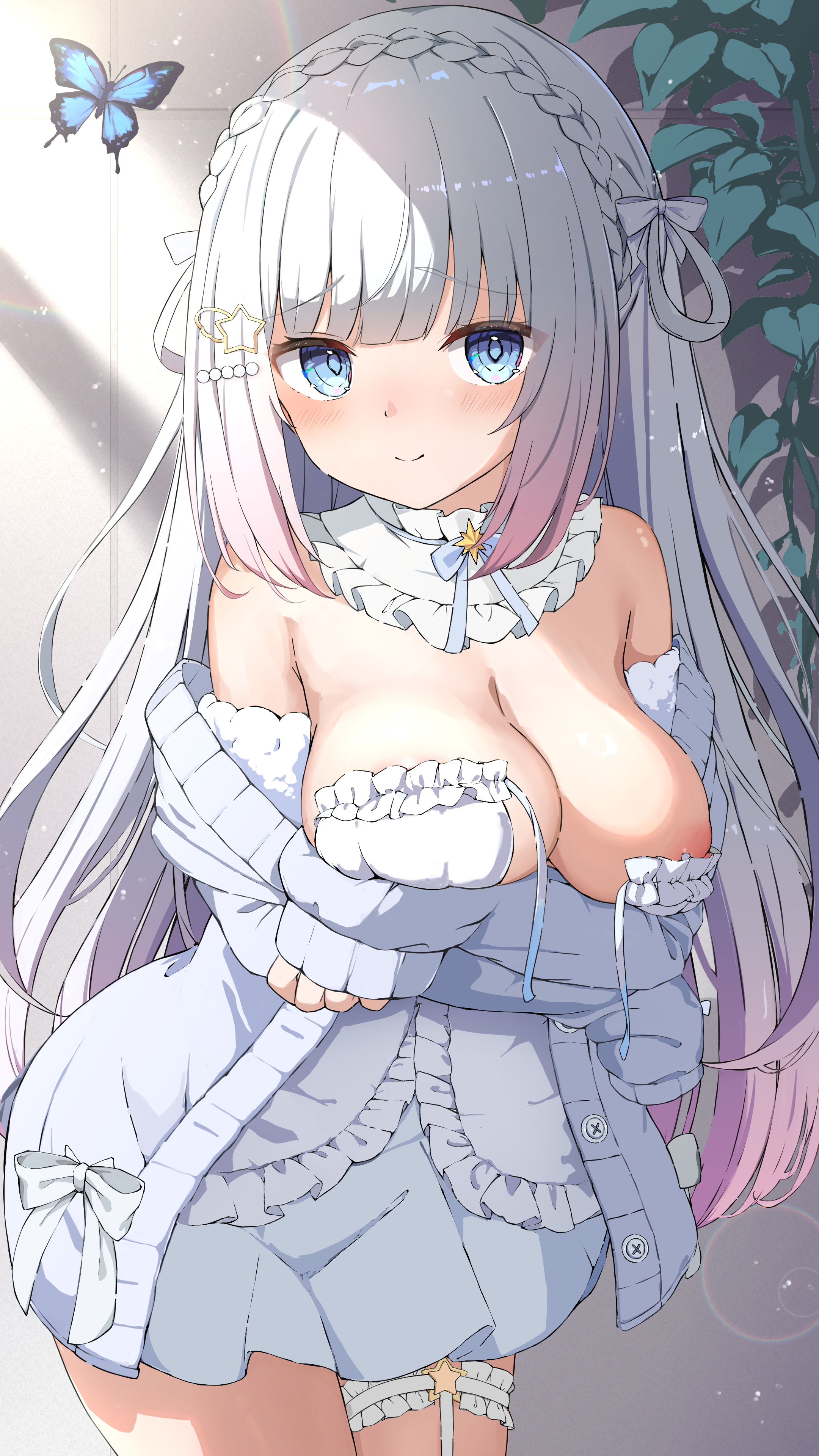 bra breast_hold breasts garter indie_virtual_youtuber nipple_slip o_aries346 shiroha_nemu sweater