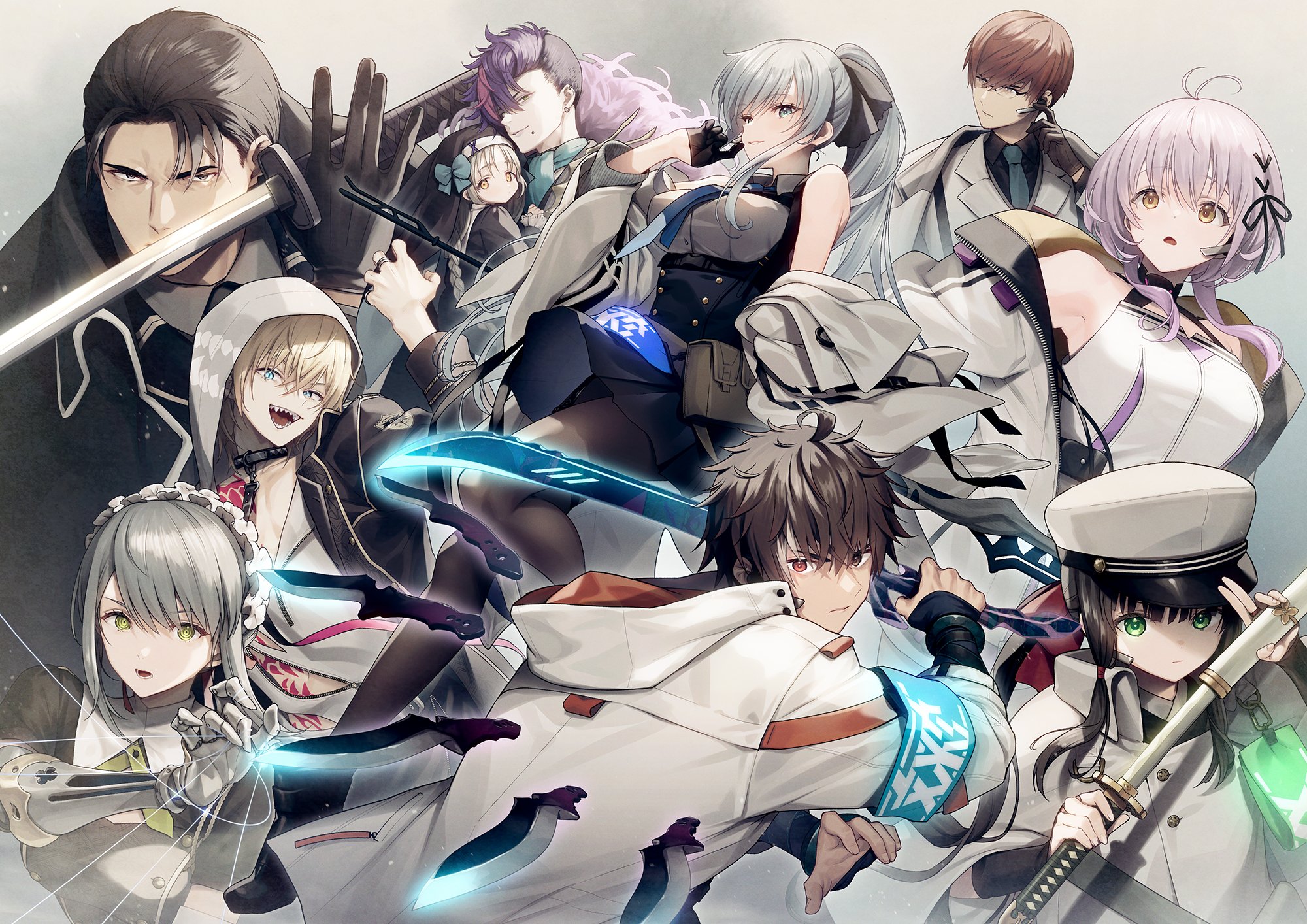 armor maid megane nameless_(brand) natsuhiko nun pantyhose skirt_lift sword tattoo thighhighs uniform weapon