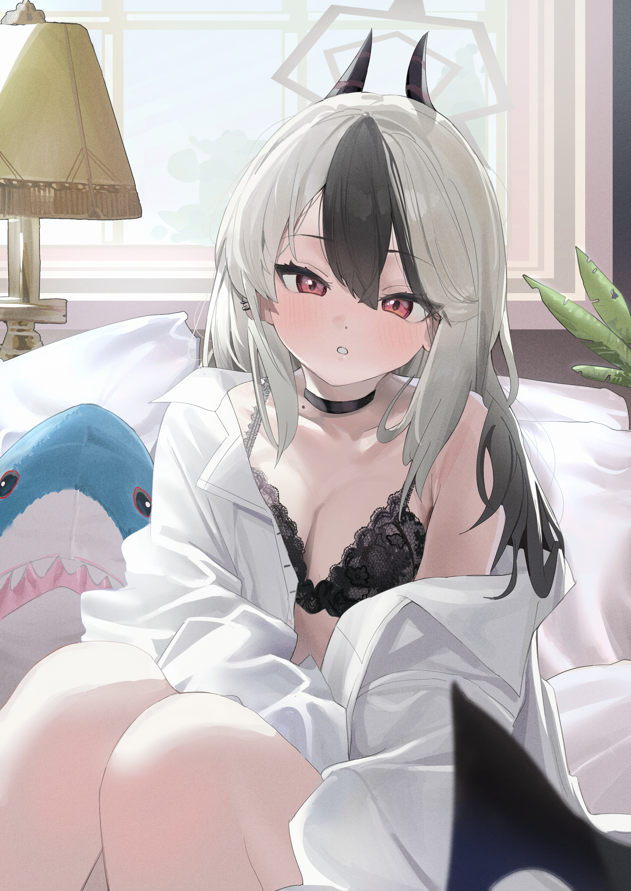 blue_archive bra devil dress_shirt halo horns inu_lin lingerie onikata_kayoko open_shirt wings