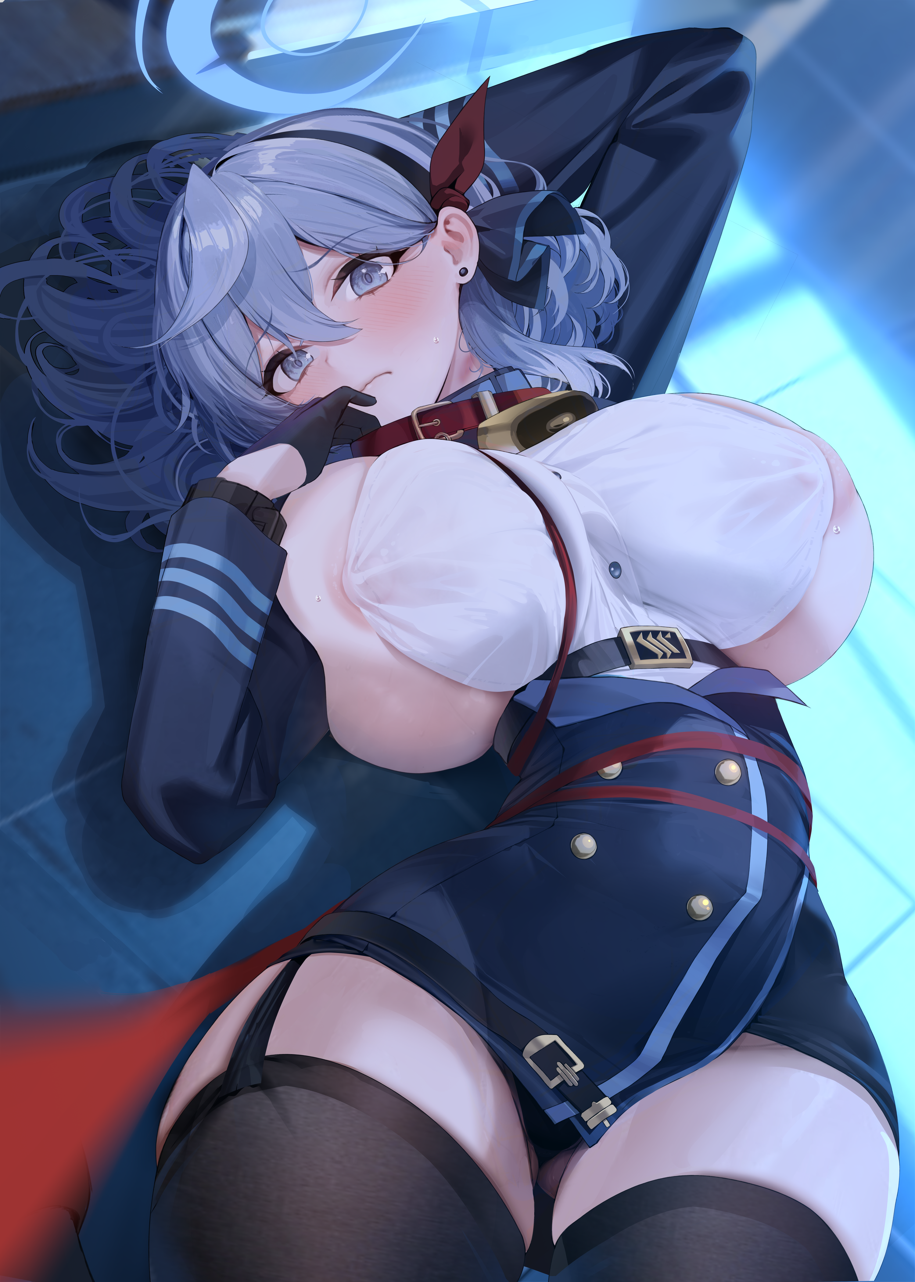 amau_ako areola blue_archive halo no_bra pantsu skirt_lift stockings thighhighs thong uniform xiujia_yihuizi