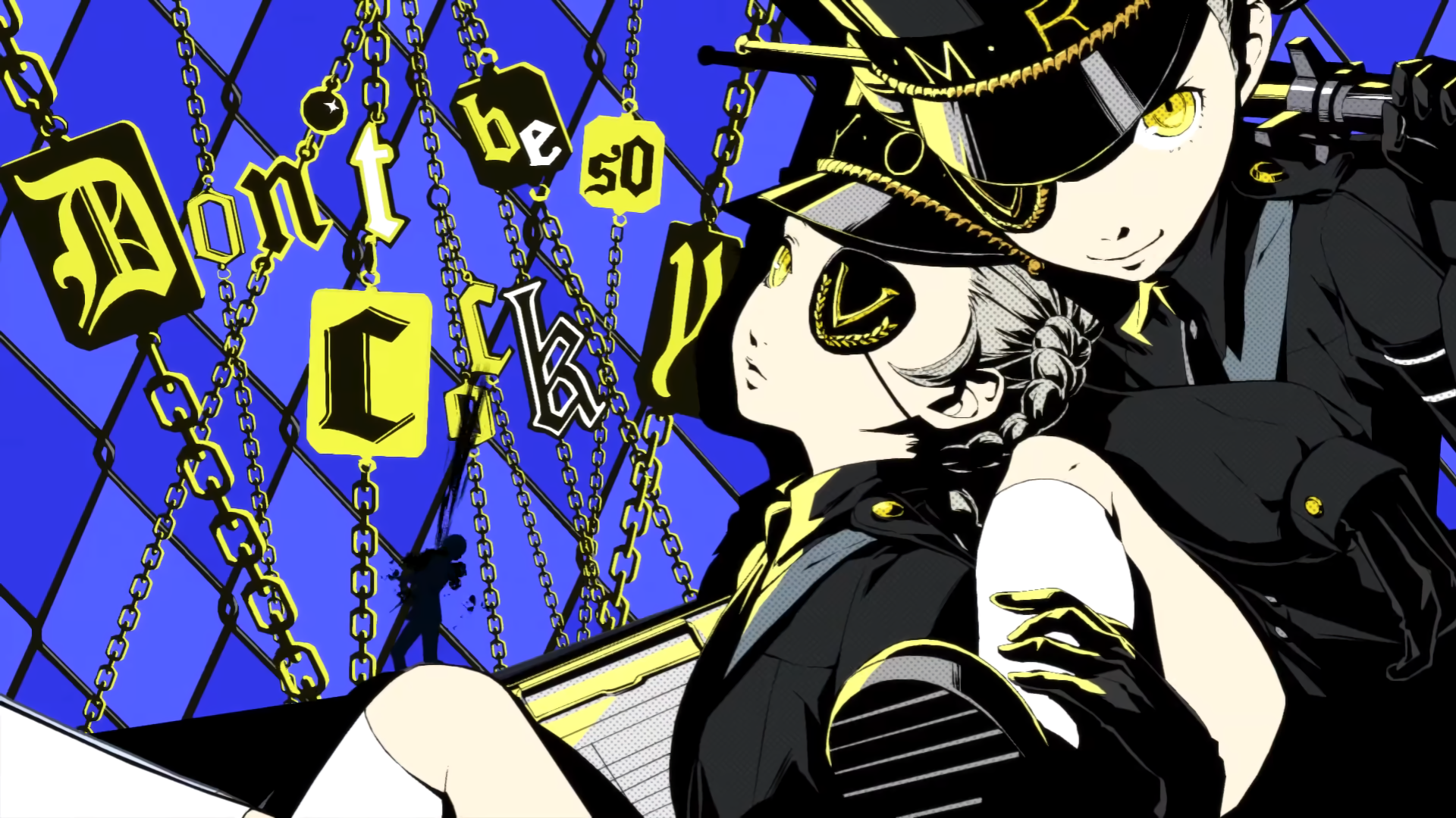 caroline_(persona_5) eyepatch justine_(persona_5) persona_5 soejima_shigenori uniform wallpaper