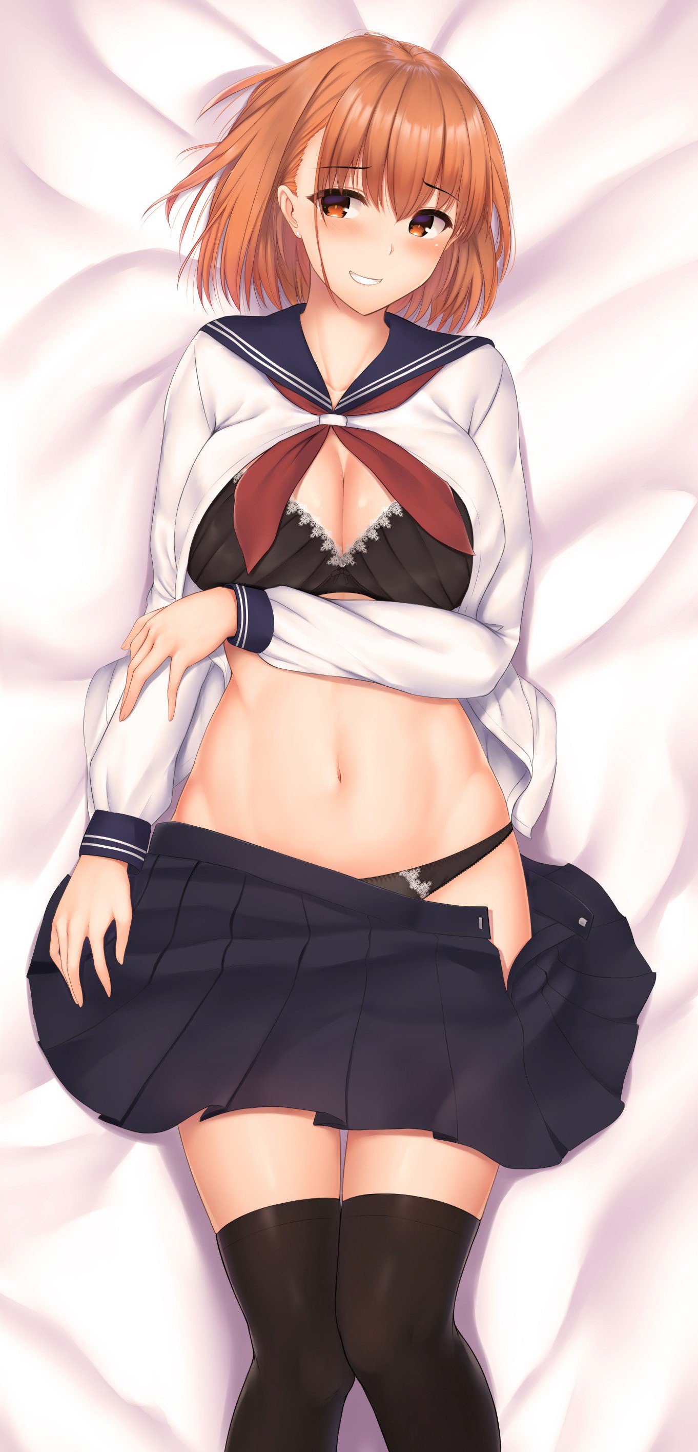 bra breast_hold cleavage dakimakura open_shirt pantsu satosi seifuku thighhighs wardrobe_malfunction