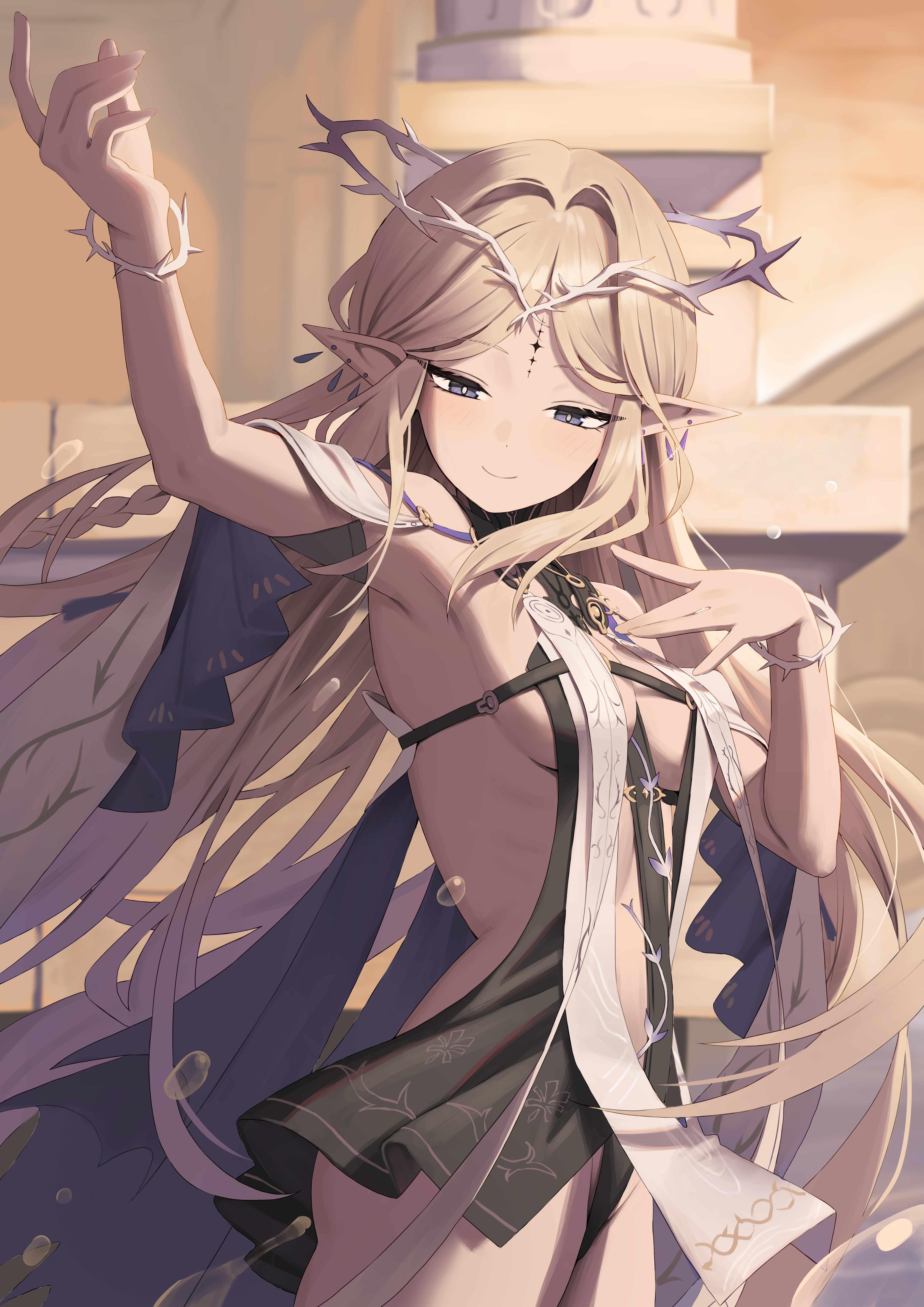 cartethyia dress halo karadborg no_bra pointy_ears tattoo wuthering_waves