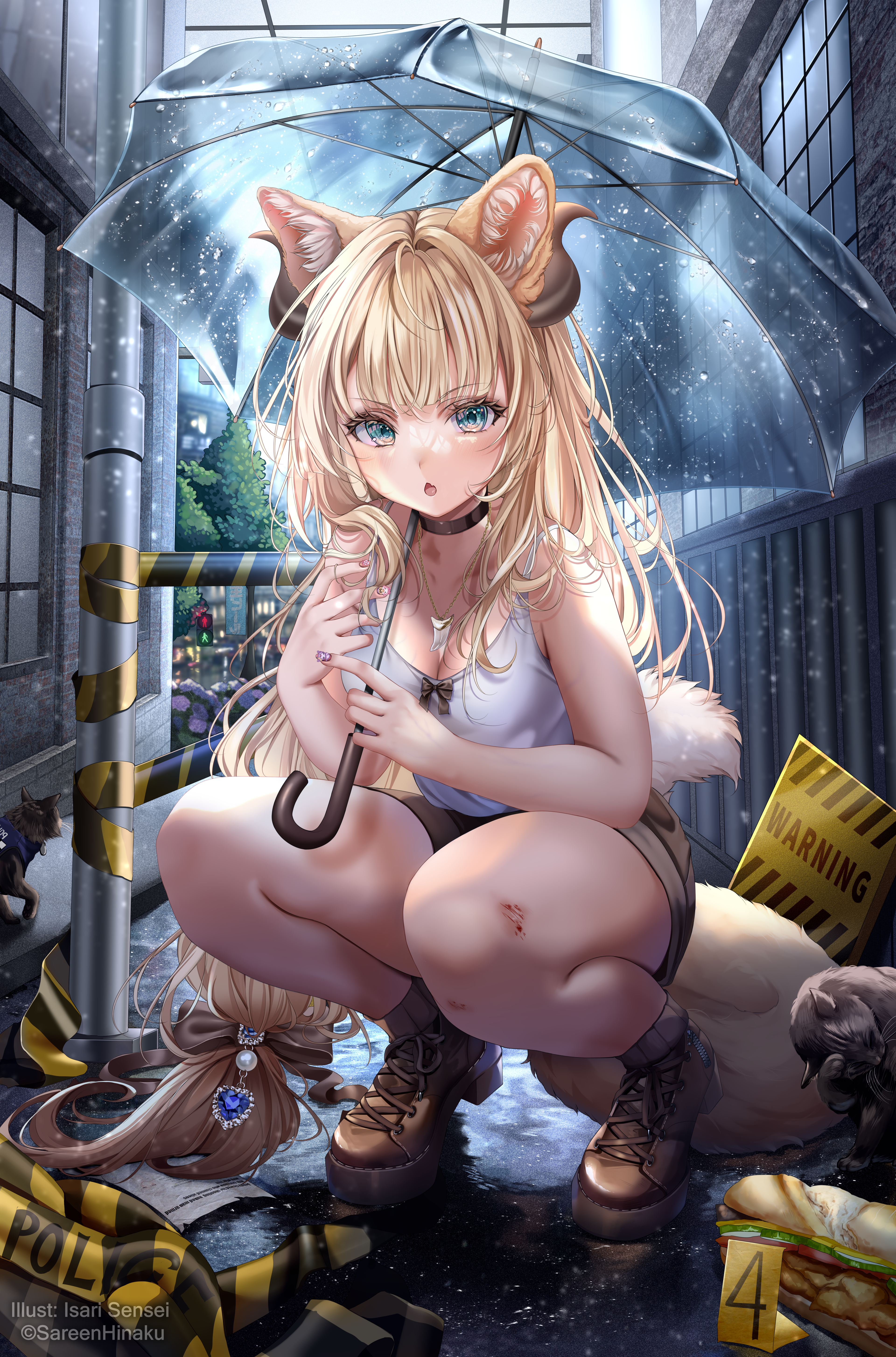 animal_ears blood horns isari_sensei neko nekomimi tail umbrella wet