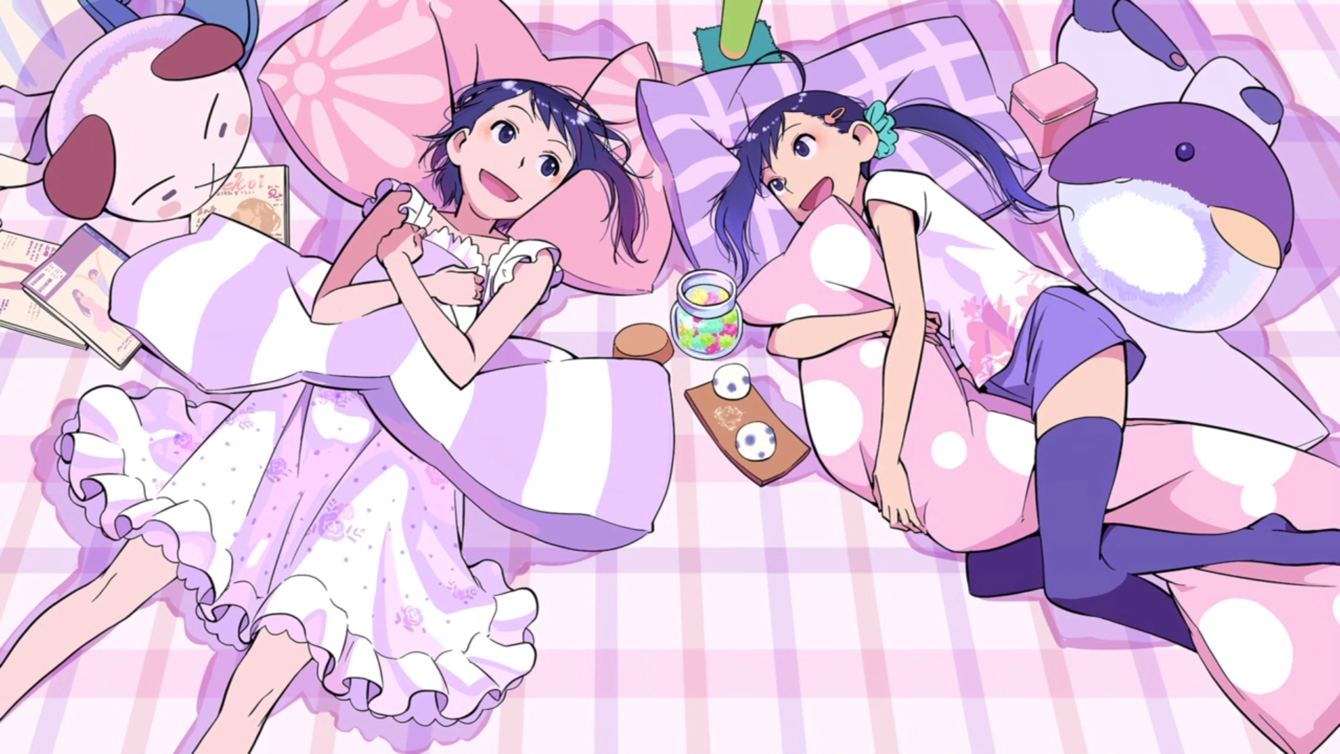 endcard nisekoi onodera_haru onodera_kosaki pajama thighhighs