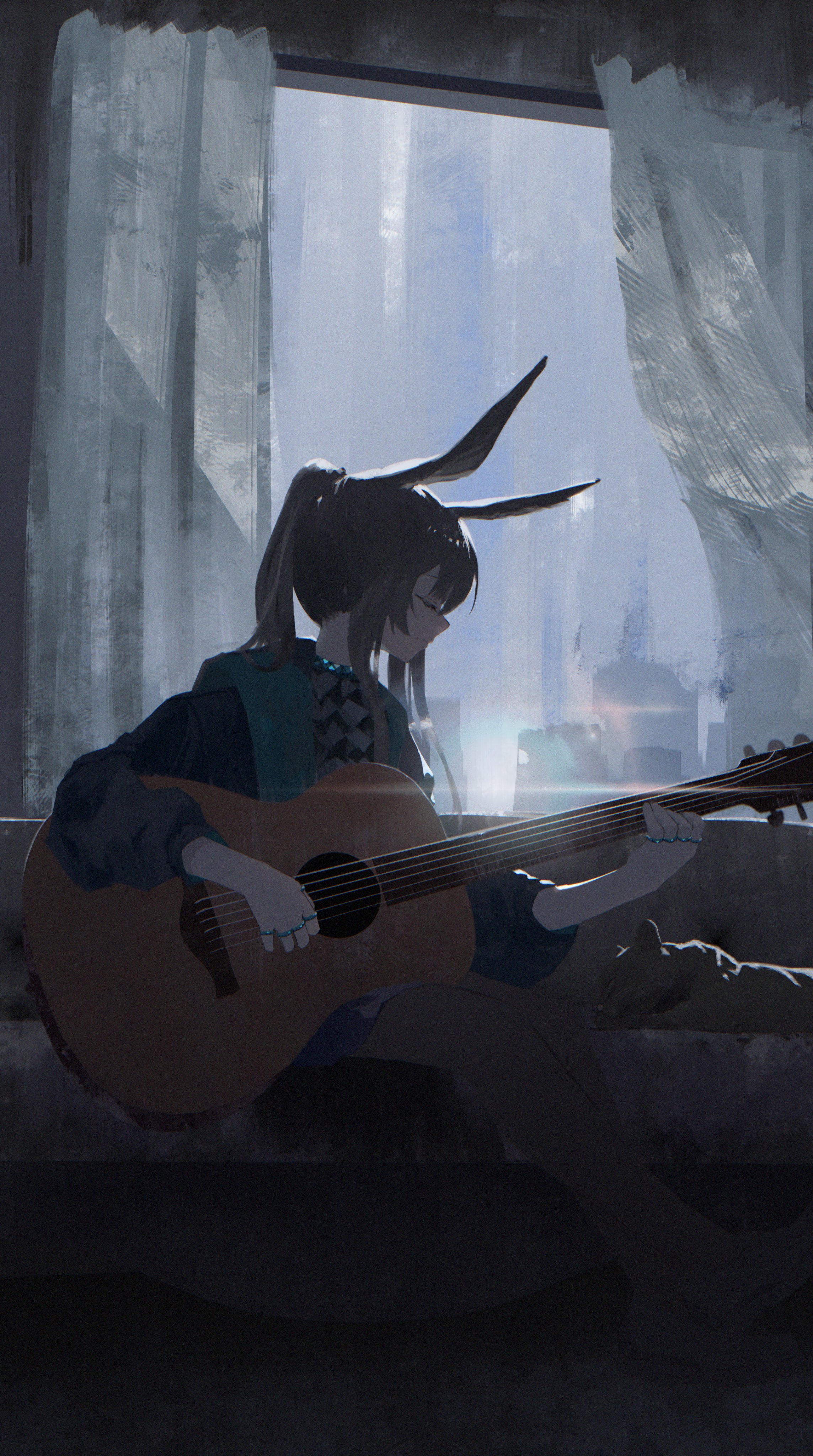 amiya_(arknights) animal_ears arknights bunny_ears guitar shikyou_yoru