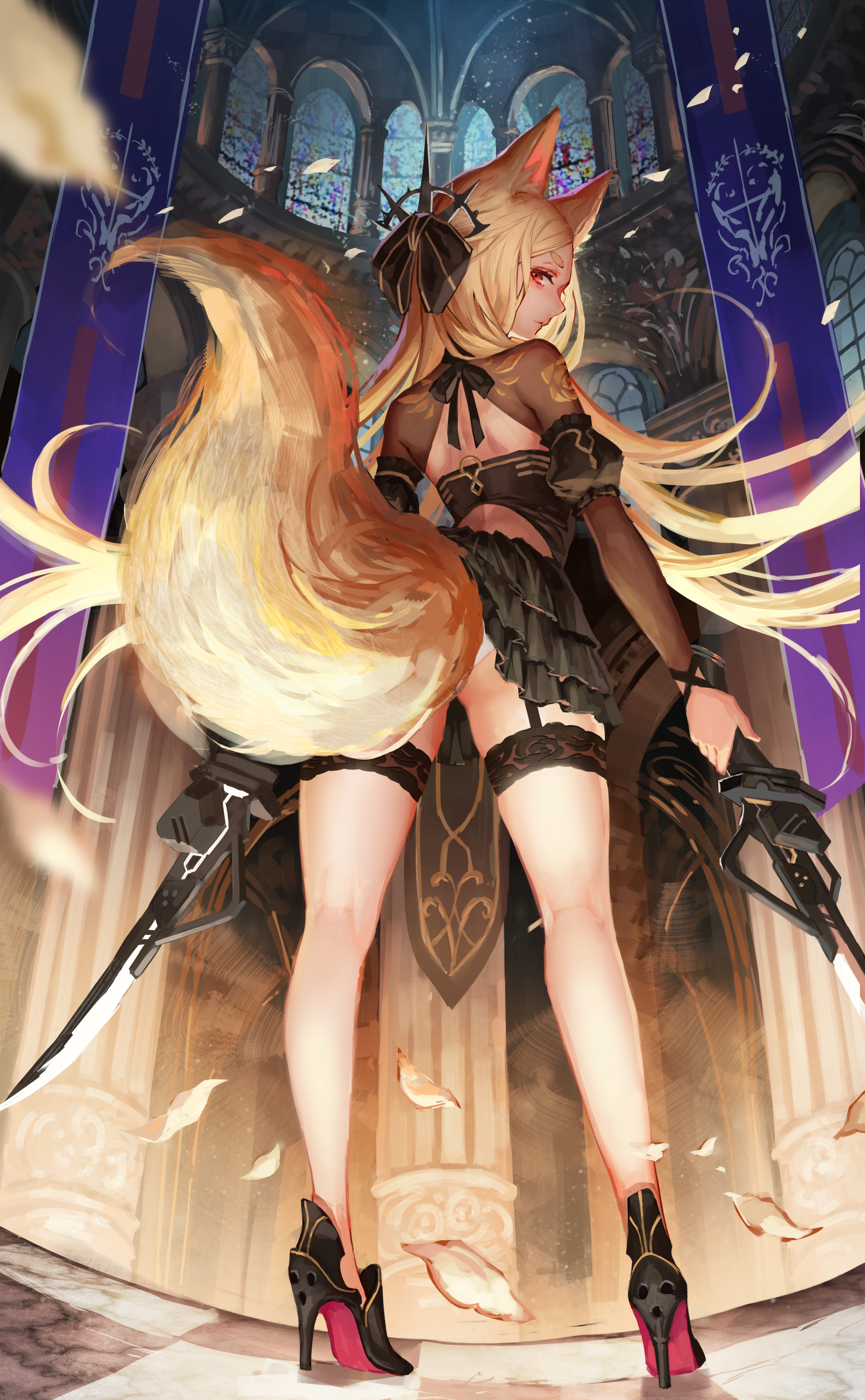 animal_ears garter heels kitsune ookuma_mai pantsu see_through skirt_lift tail weapon