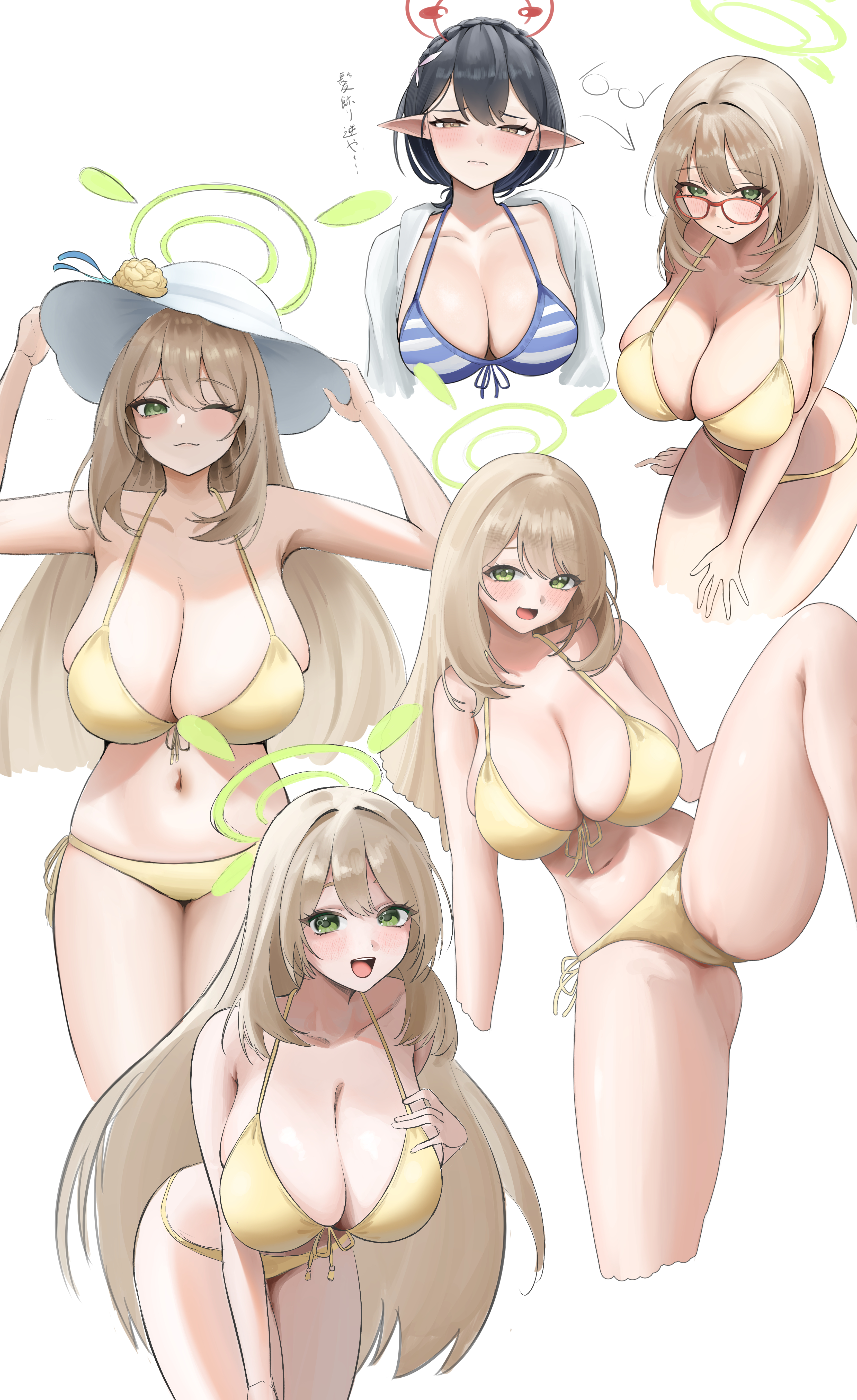 bikini bikini_top blue_archive cameltoe halo izayoi_nonomi megane okusora_ayane open_shirt pointy_ears shousa swimsuits