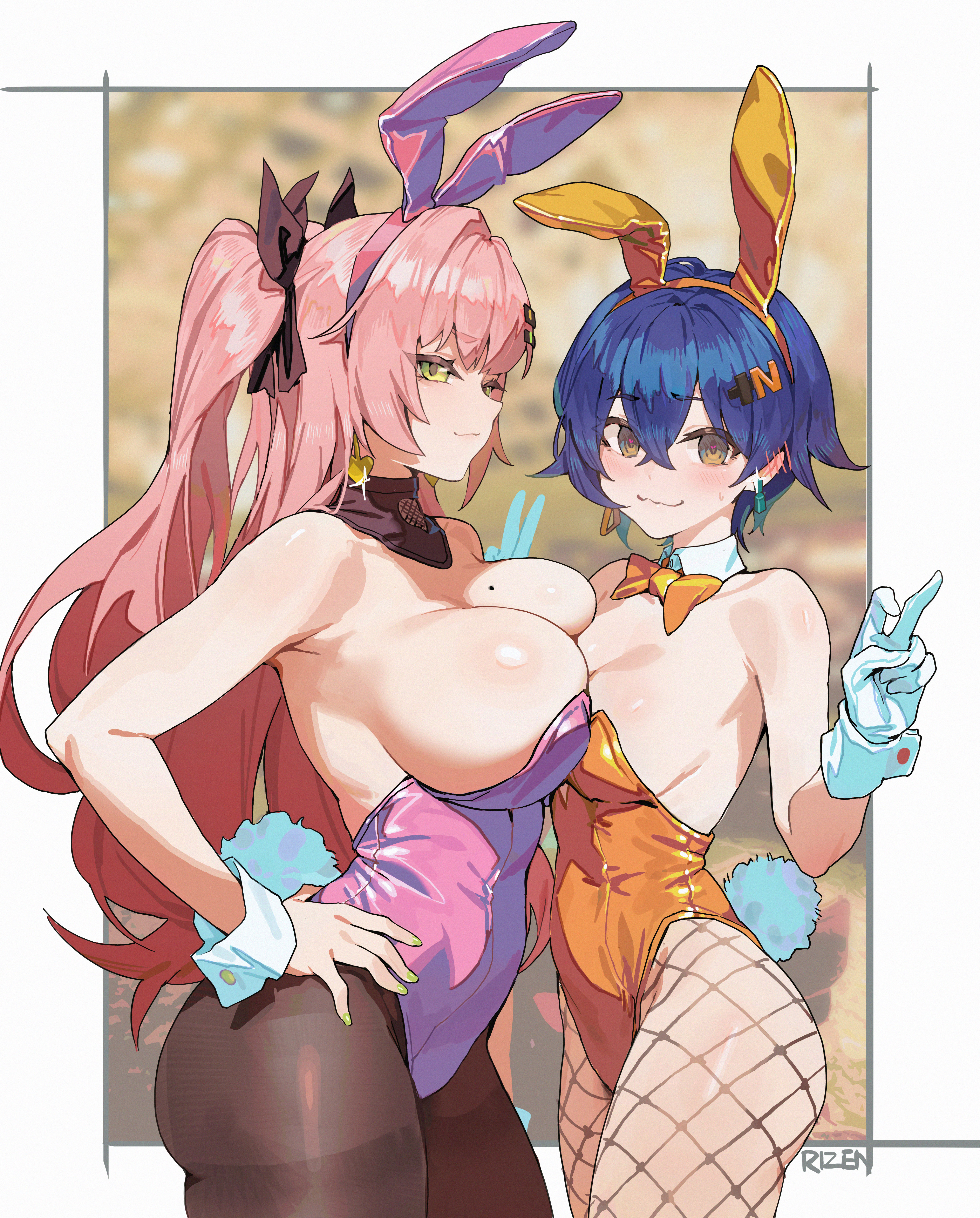 animal_ears belle_(zenless_zone_zero) bunny_ears bunny_girl fishnets nicole_demara no_bra pantyhose r1zen symmetrical_docking tail zenless_zone_zero