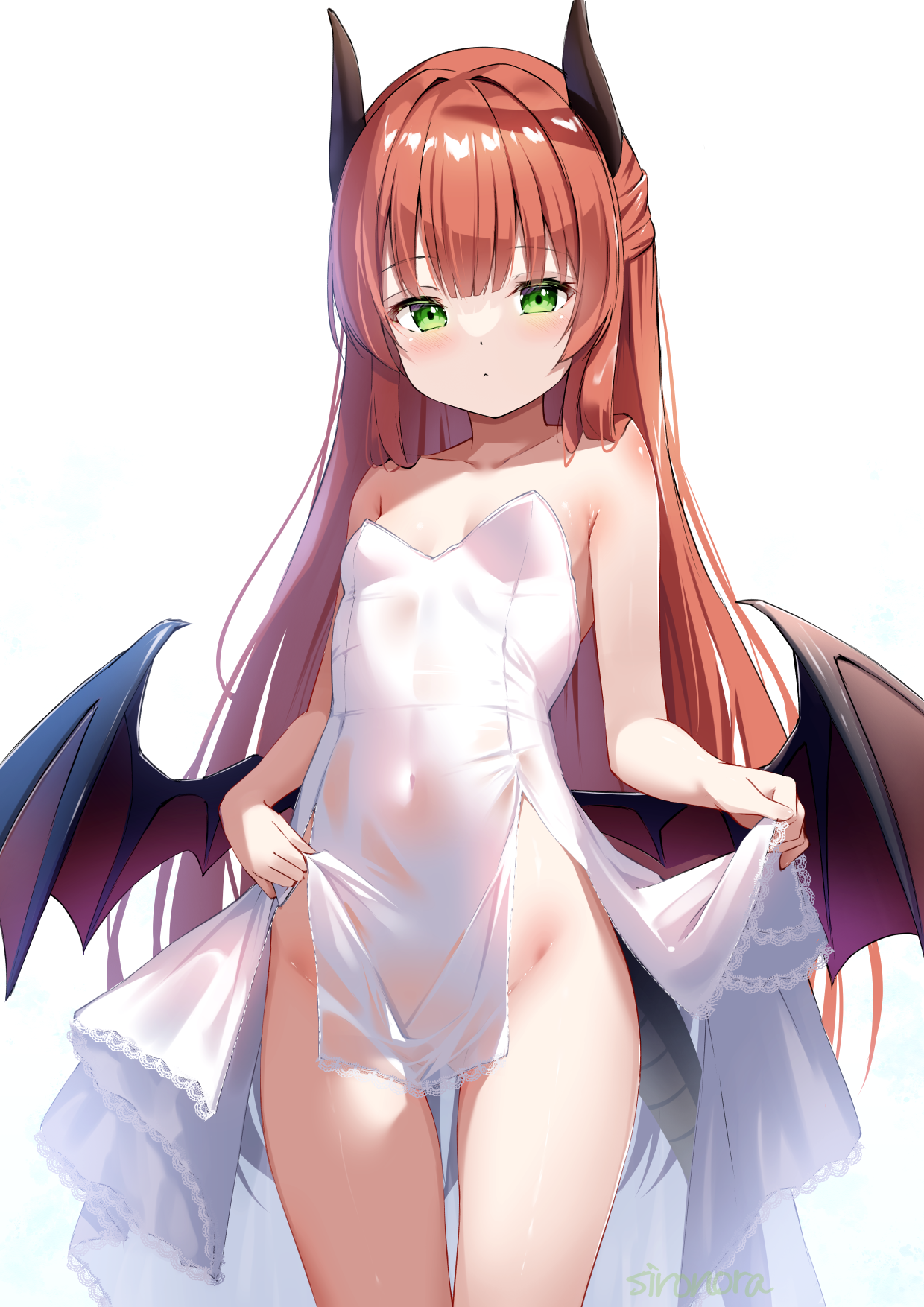 dress horns loli no_bra nopan see_through shironora skirt_lift wings