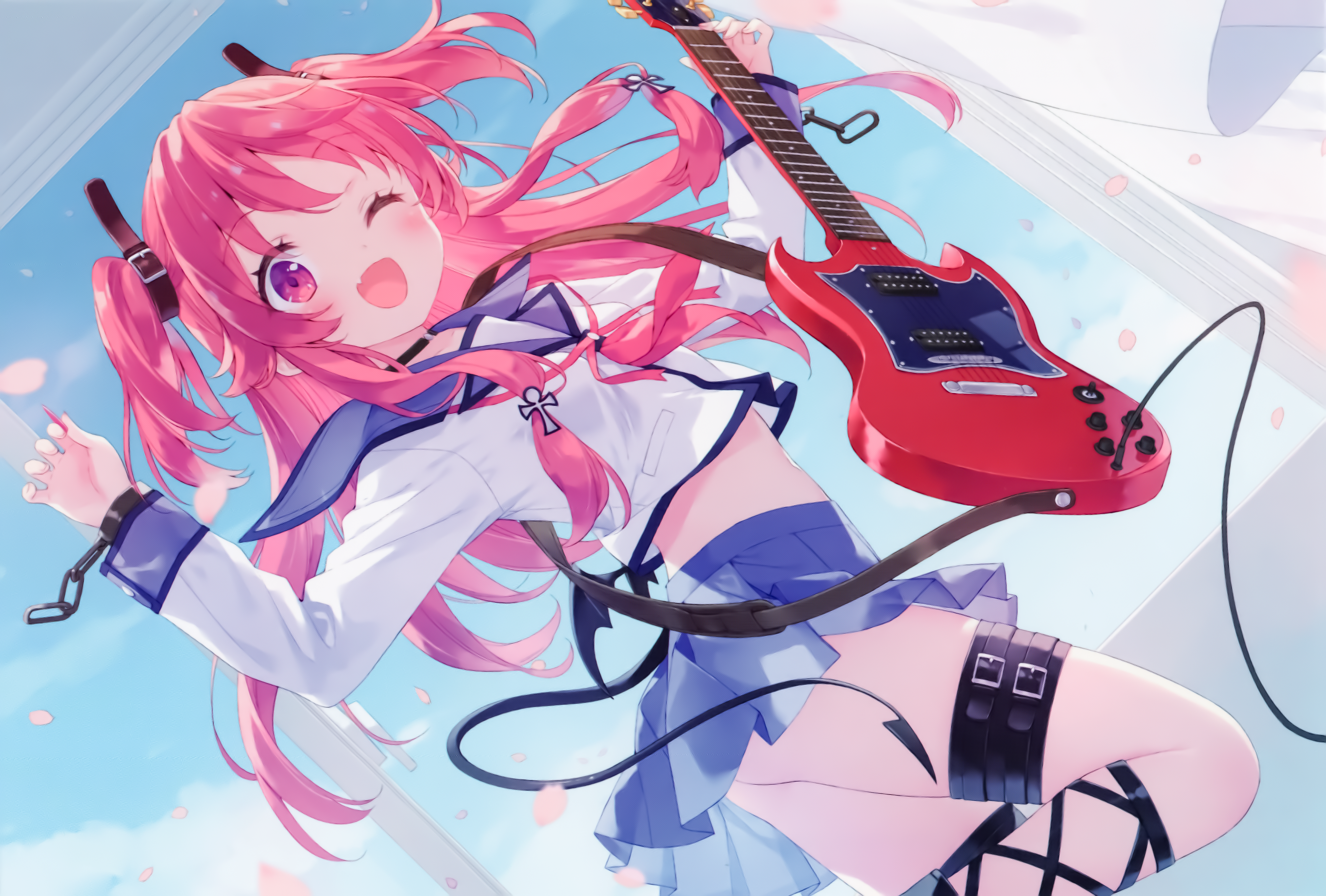 angel_beats! garter guitar kaginado kani_biimu seifuku skirt_lift tail yoshioka_yui