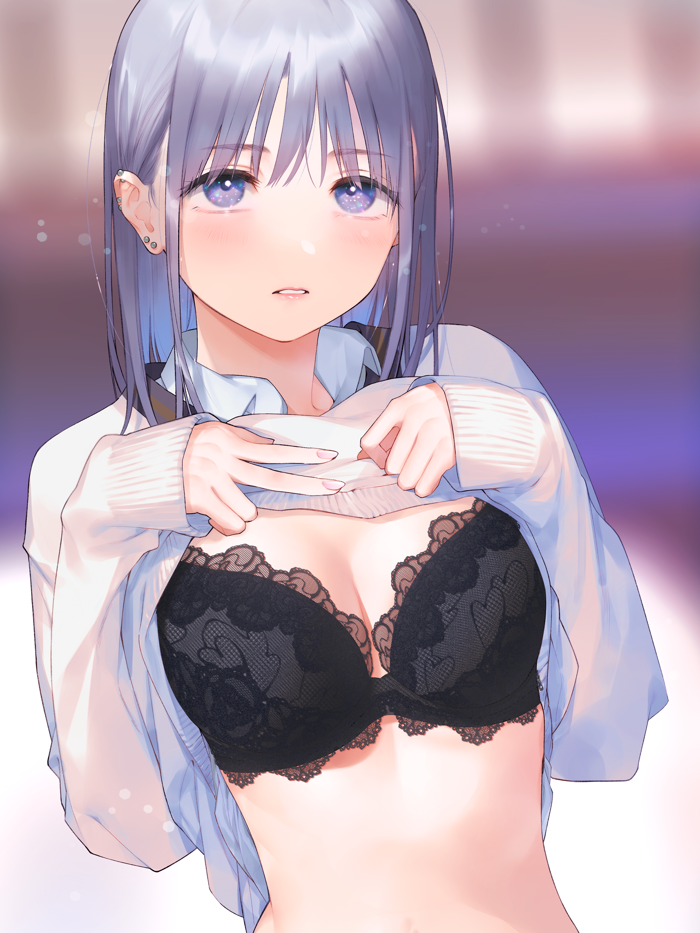 bra cleavage fuzuki_fuuro lingerie seifuku shirt_lift sweater undressing