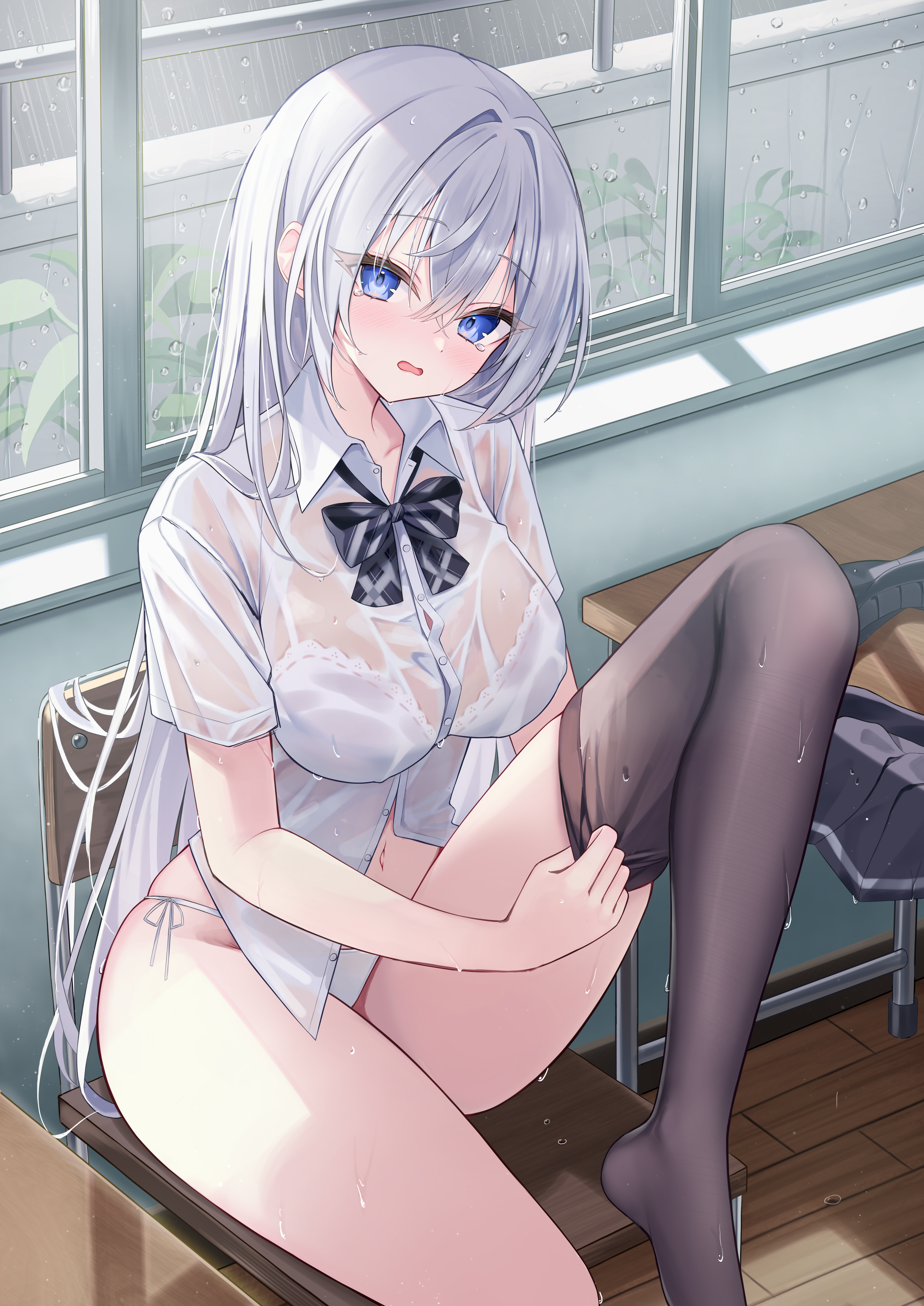 bra pantsu rangtori see_through seifuku string_panties thighhighs undressing wet wet_clothes yuksi_(yuksi)