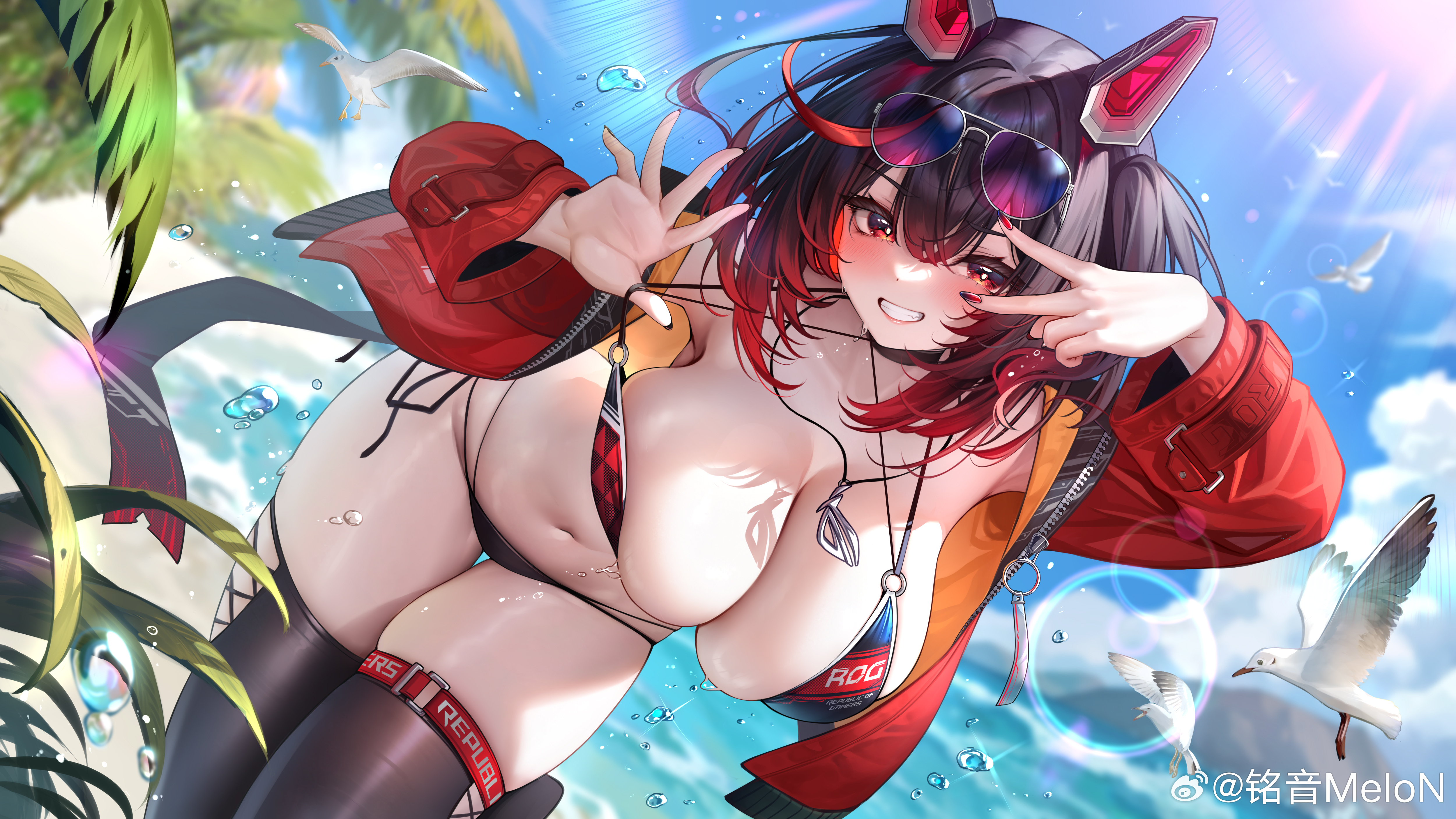 bikini garter megane meion open_shirt rog_(vtuber) swimsuits thighhighs undressing watermark wet