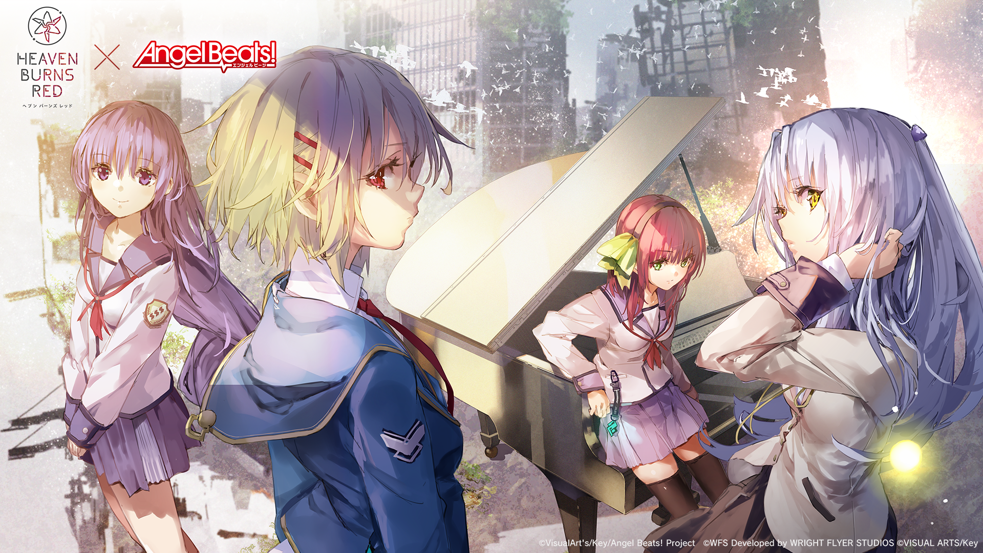 angel_beats! crossover heaven_burns_red irie_miyuki kayamori_ruka nakamura_yuri seifuku tachibana_kanade thighhighs wallpaper yuugen