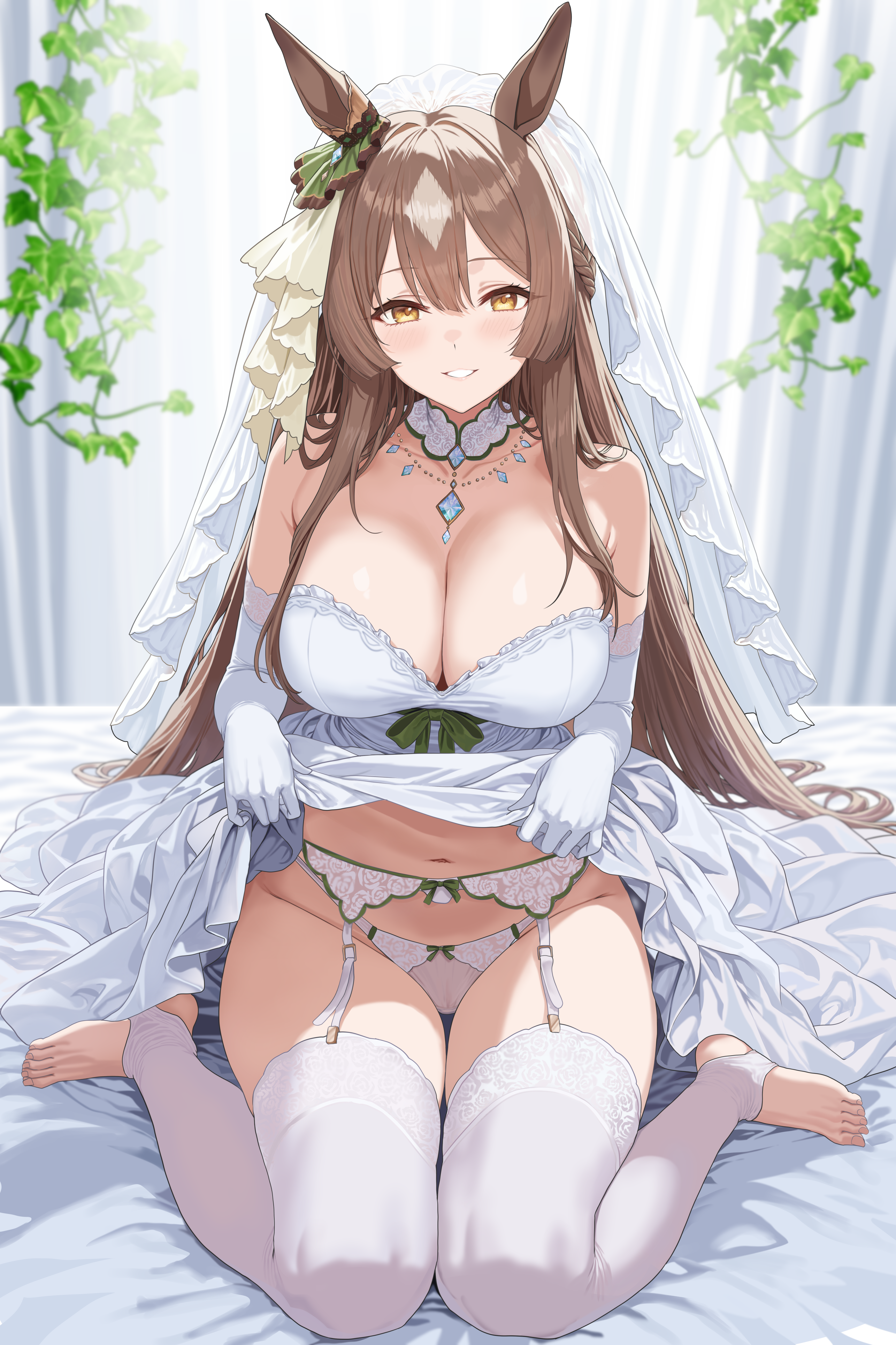 animal_ears dress garter_belt hidis0086 no_bra pantsu satono_diamond_(umamusume) skirt_lift stockings thighhighs uma_musume_pretty_derby wedding_dress