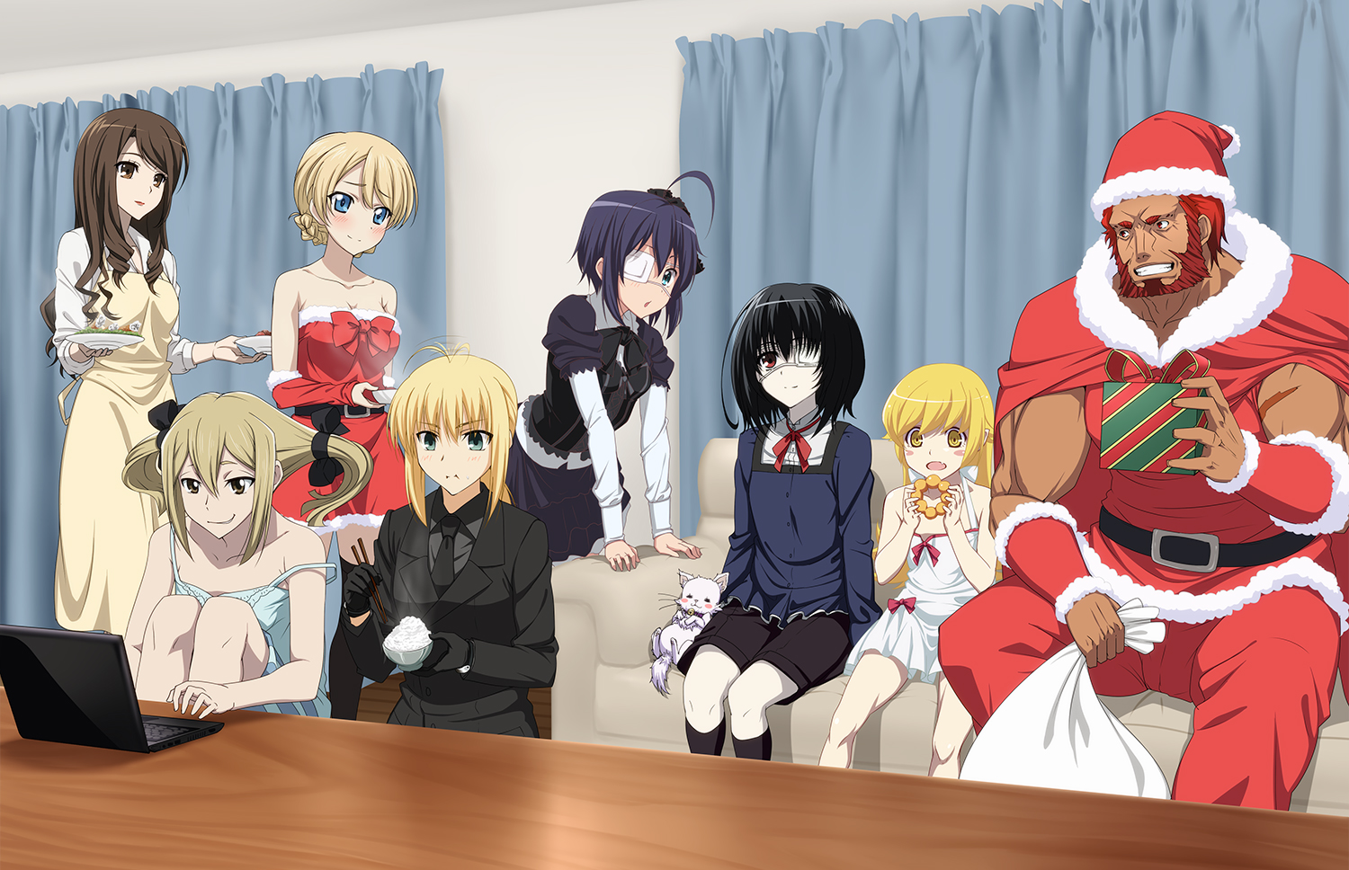 ameno_miyabi another bakemonogatari christmas chuunibyou_demo_koi_ga_shitai! cleavage crossover darjeeling dress eyepatch fate/stay_night fate/zero girls_und_panzer gothic_lolita iyakun k koujiro_frau lolita_fashion mikami_reiko_(another) misaki_mei monogatari_(series) neko oshino_shinobu rider_(fate/zero) robotics;notes saber takanashi_rikka